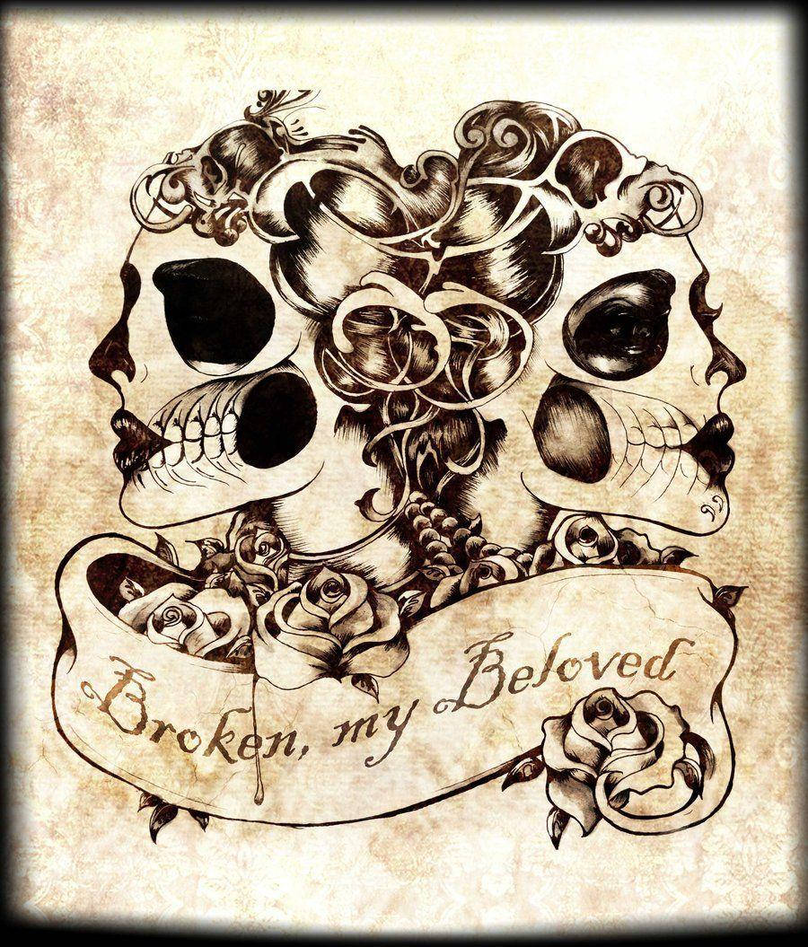 Dia De Los Muertos 桌布 壁紙 — 兩個華麗的頭骨，帶有飄逸的頭髮和玫瑰，圍繞著一個寫有「Broken, my Beloved」的橫幅，位於陳舊的羊皮紙上。
