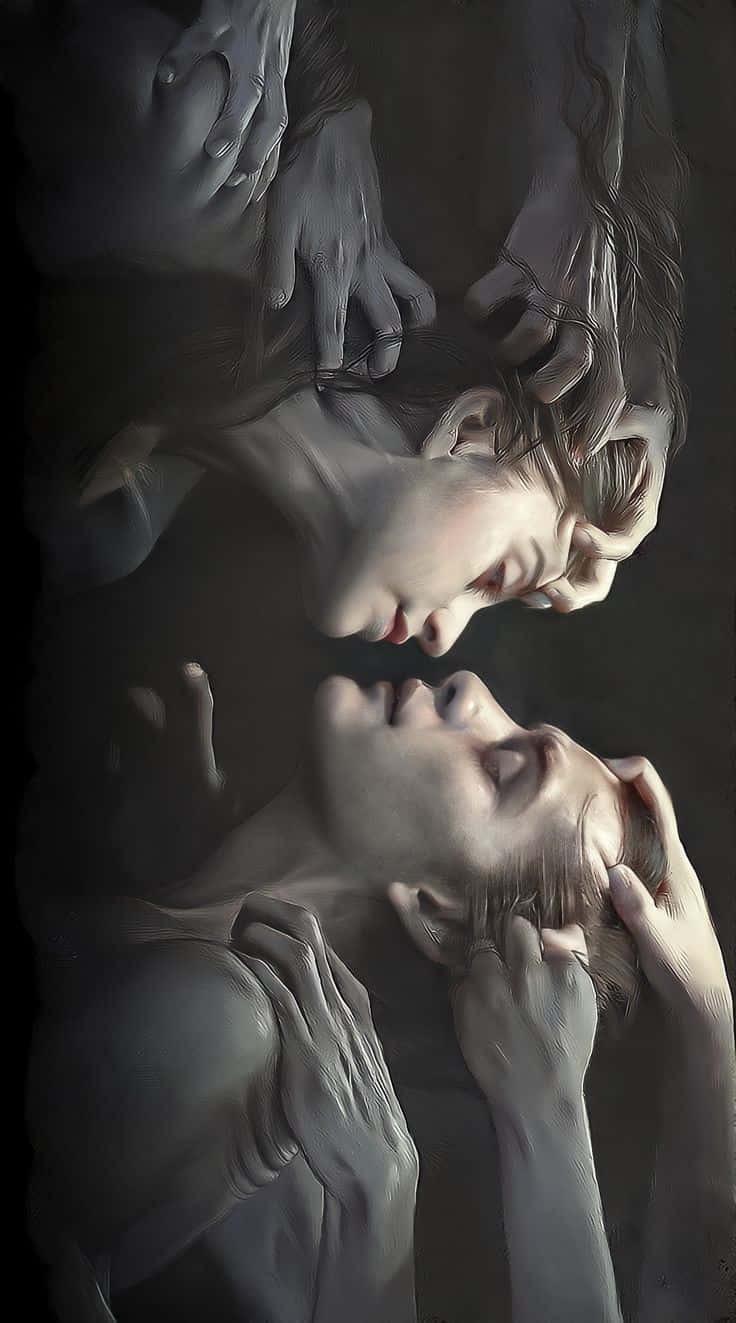 emotion 桌布 壁紙 — 兩個蒼白的身影在黑暗空間中互相凝視，雙手輕輕托住他們的頭部，營造出親密而溫柔的時刻。