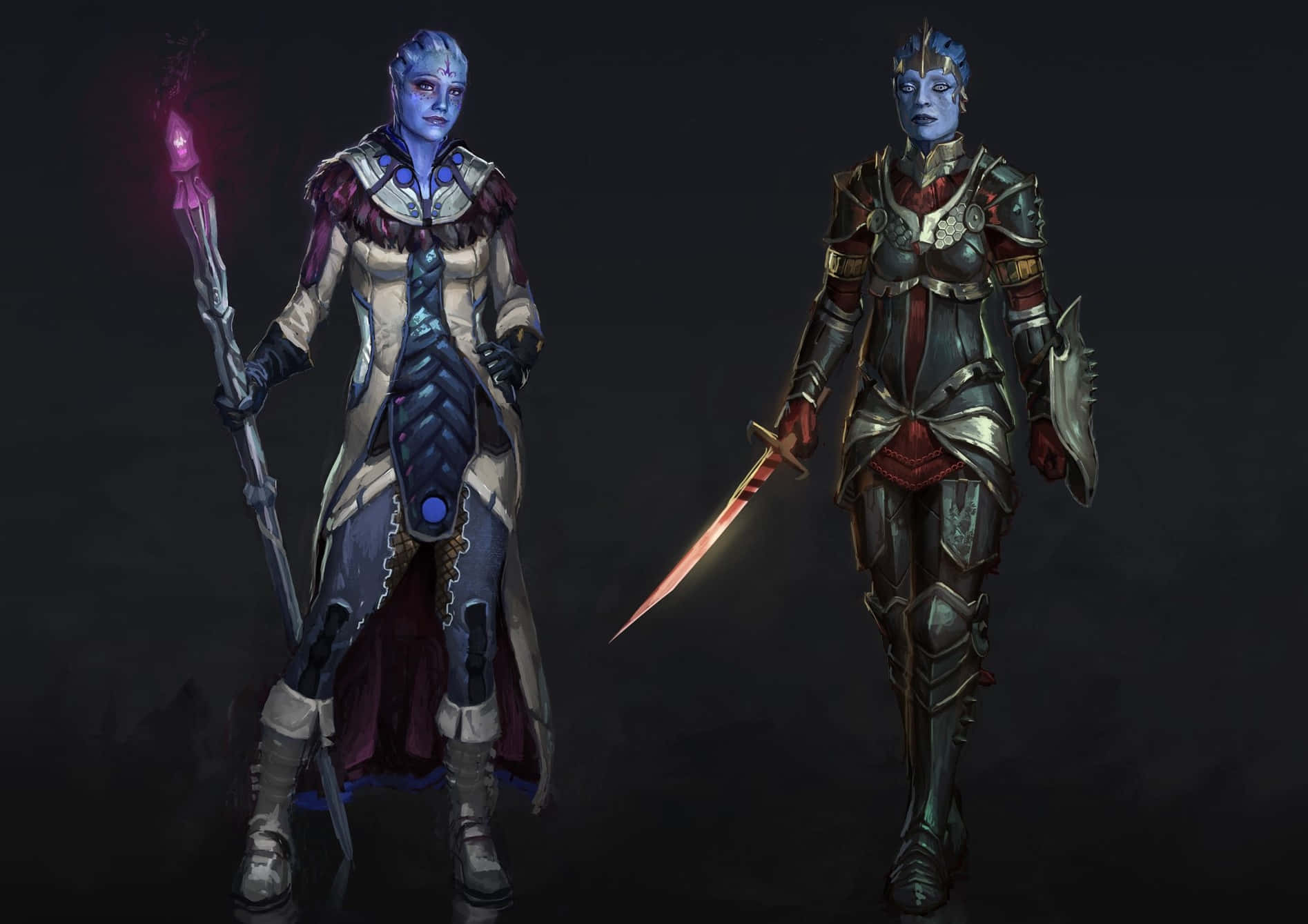 Mass Effect Samara 桌布 壁紙 — 兩個藍皮膚的奇幻戰士蓄勢待發，一個揮舞著發光法杖，另一個揮舞著閃閃發光的劍，背景漆黑。