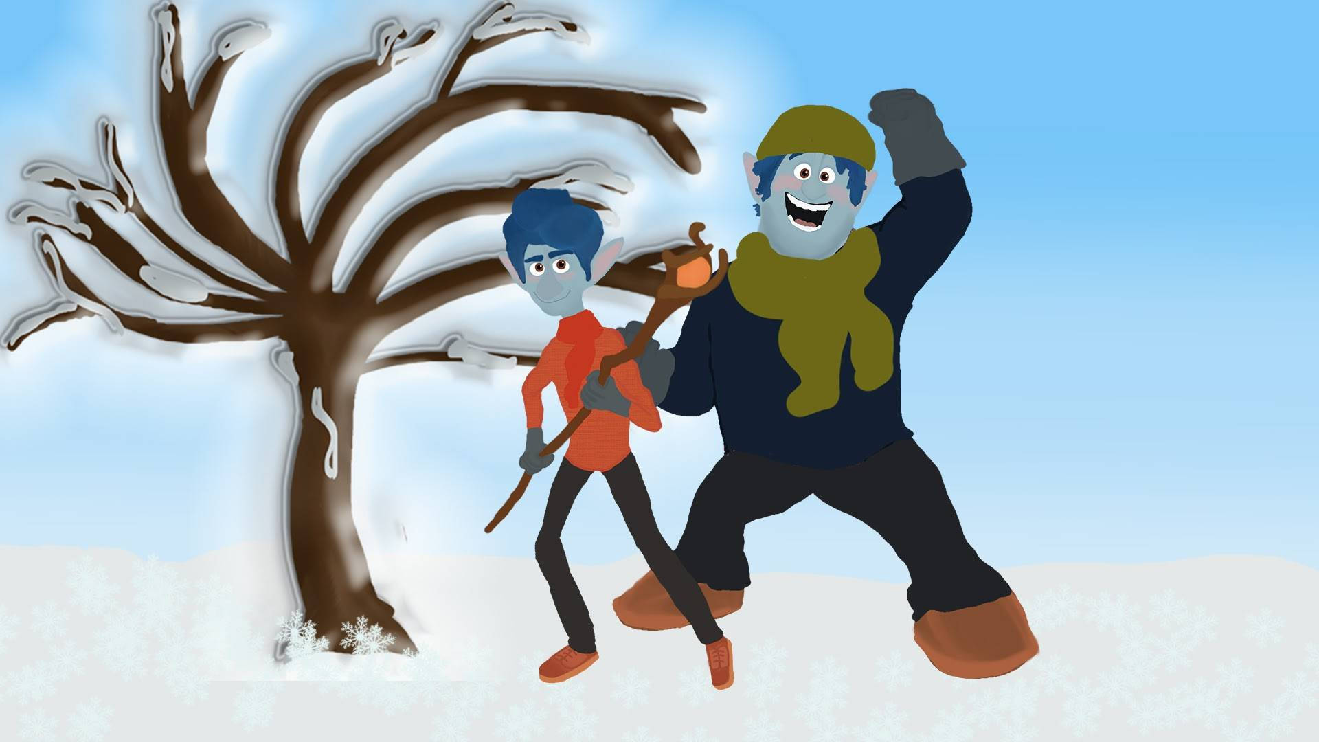 前進 桌布 壁紙 — 兩個藍皮膚的雪人在白雪皚皚的冬季景觀中，在積雪覆蓋的樹旁快樂地跳舞。