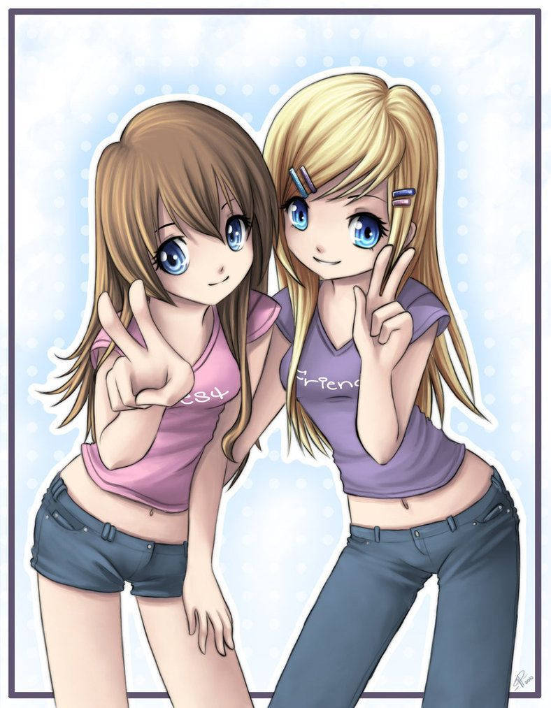 Bff 桌布 壁紙 — 兩個藍眼睛、紮馬尾的開朗動漫女孩，在淺藍色圓點背景前一起擺姿勢做出和平手勢。