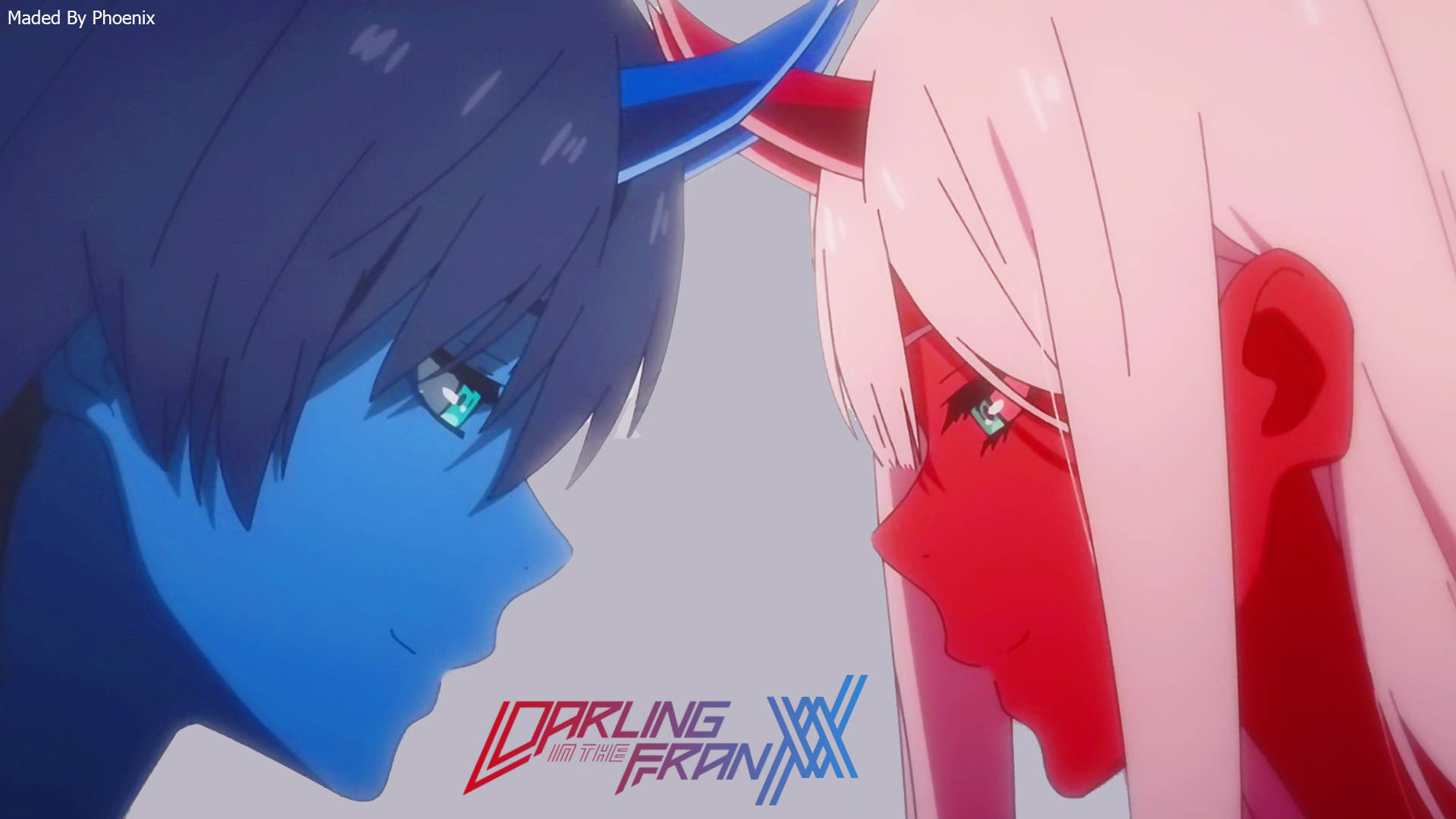 DARLING in the FRANXX 桌布 壁紙 — 兩個藍色和粉紅色調的動漫角色在親密的時刻面對面。
