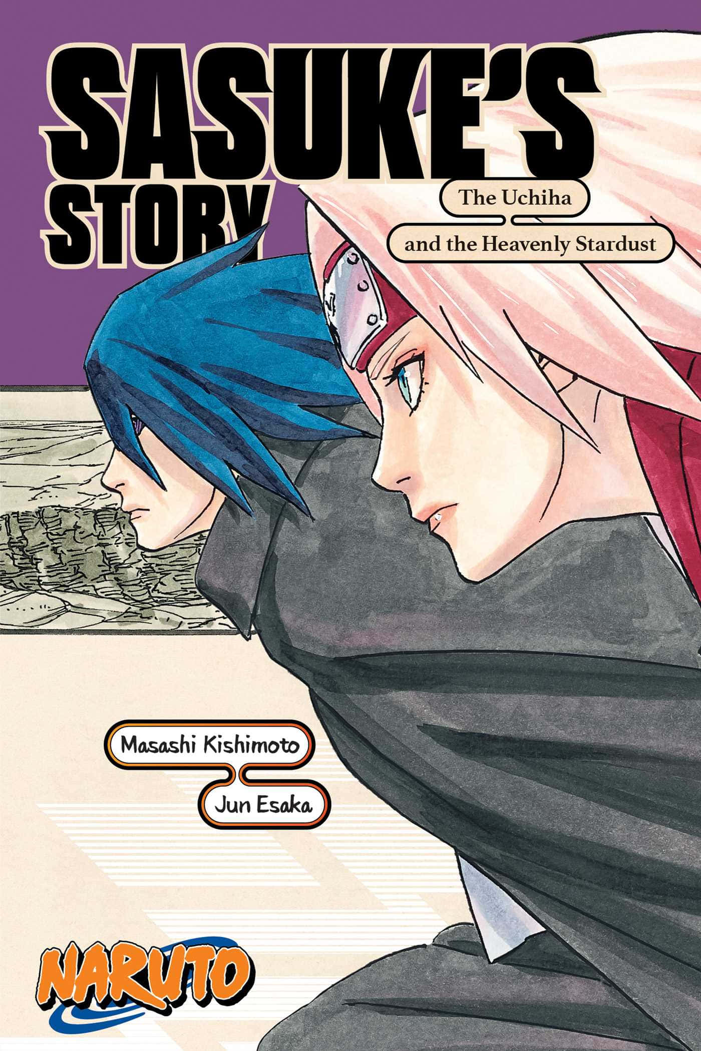 Sasuke 桌布 壁紙 — 兩個藍色和粉紅色頭髮的動漫角色在帶有粗體文字和紫色背景的漫畫封面上向前凝視。