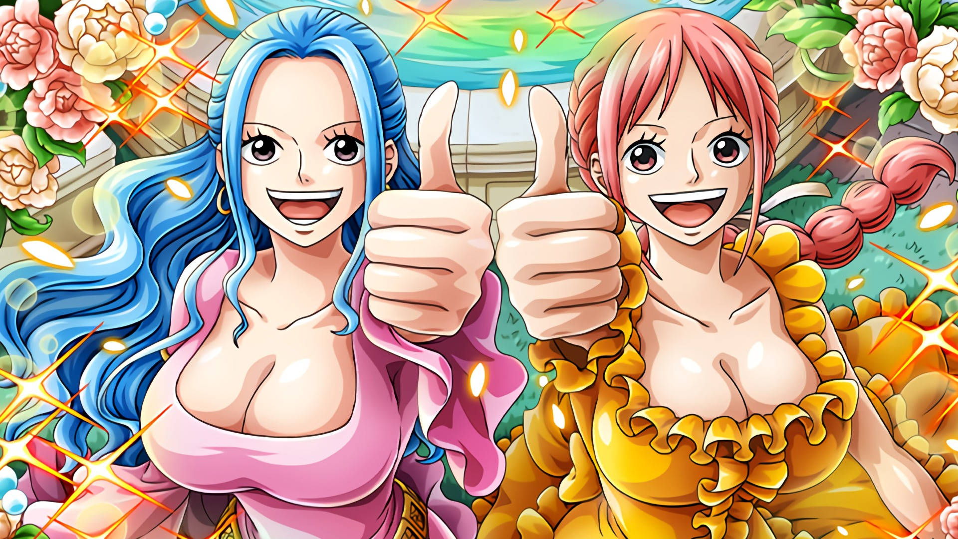 nefertari vivi 桌布 壁紙 — 兩個藍色和粉紅色頭髮的開心動漫女孩在盛開的花朵和閃爍的燈光中豎起大拇指。