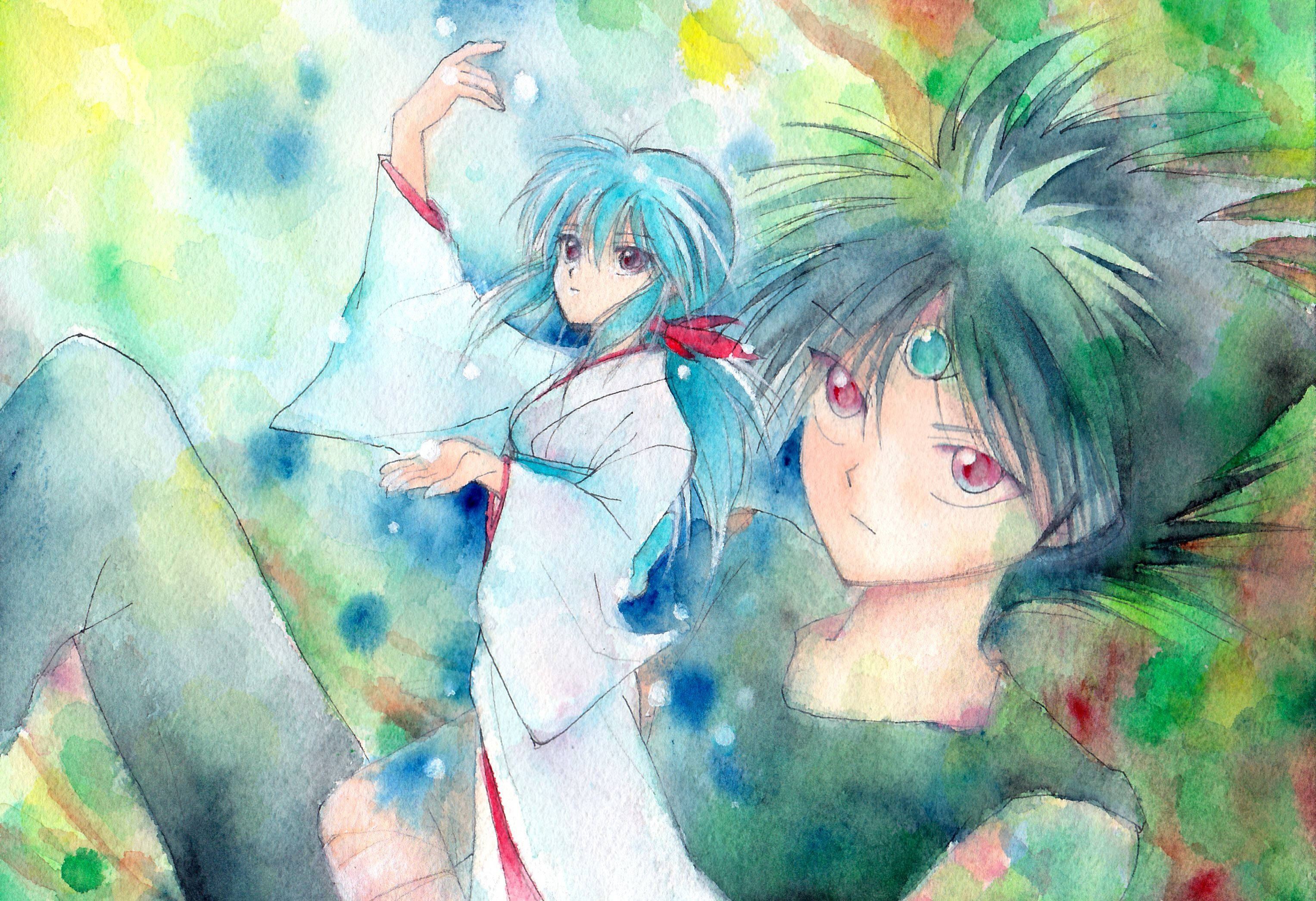 幽遊白書 桌布 壁紙 — 兩個藍色和綠色頭髮的動漫角色漂浮在充滿活力的水彩飛濺中，顏色包括綠色、黃色和藍色。