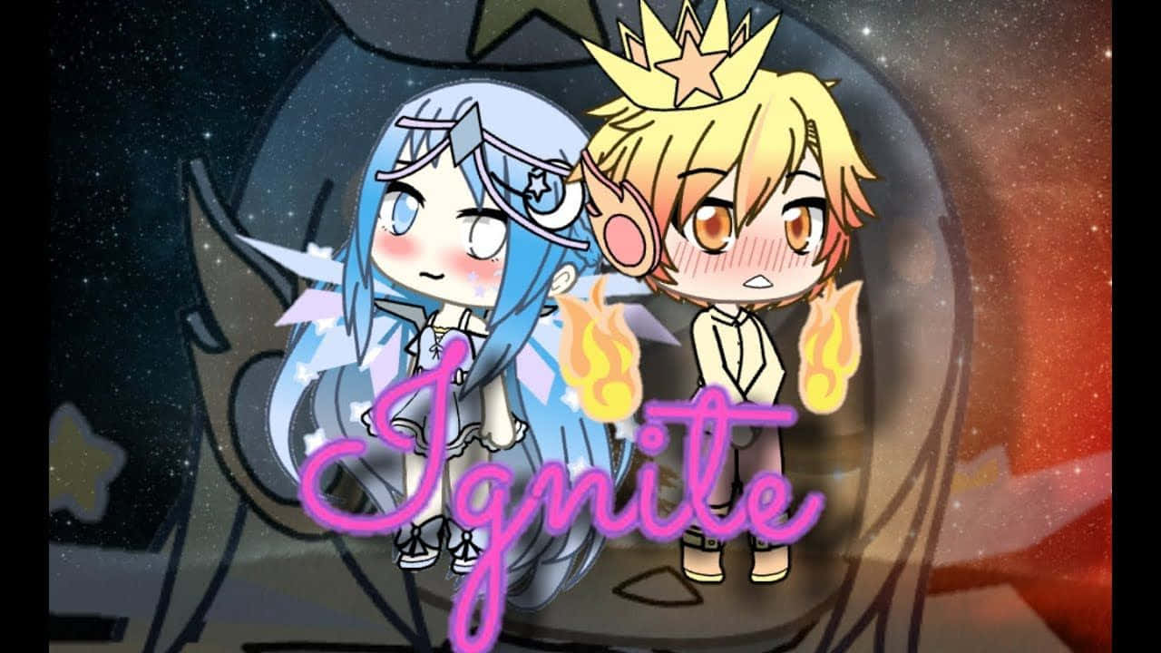 Gacha Life Funny 桌布 壁紙 — 兩個藍色和金髮的Q版動漫角色站在宇宙背景前，雙手燃燒，並有發光的粉紅色「Ignite」文字。