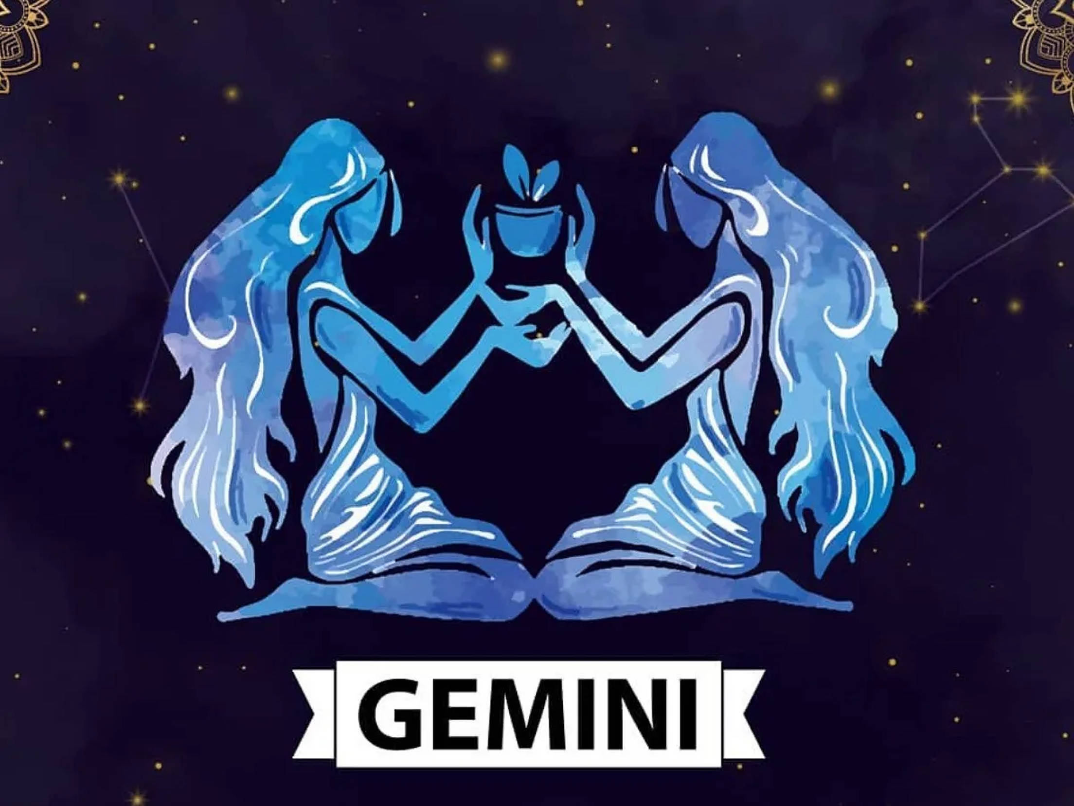 gemini 桌布 壁紙 — 兩個藍色水彩人物在星空夜空和星座線背景下，手持一棵發芽的植物。