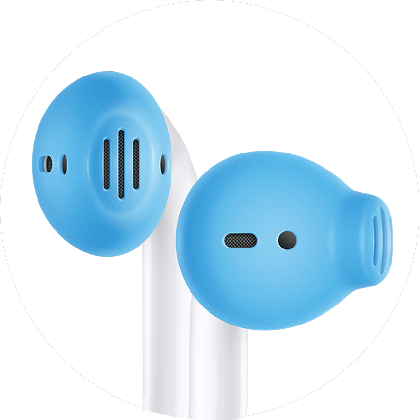 AirPods 桌布 壁紙 — 兩個藍色矽膠耳塞套，帶白色耳柄，展示在白色圓形背景上。