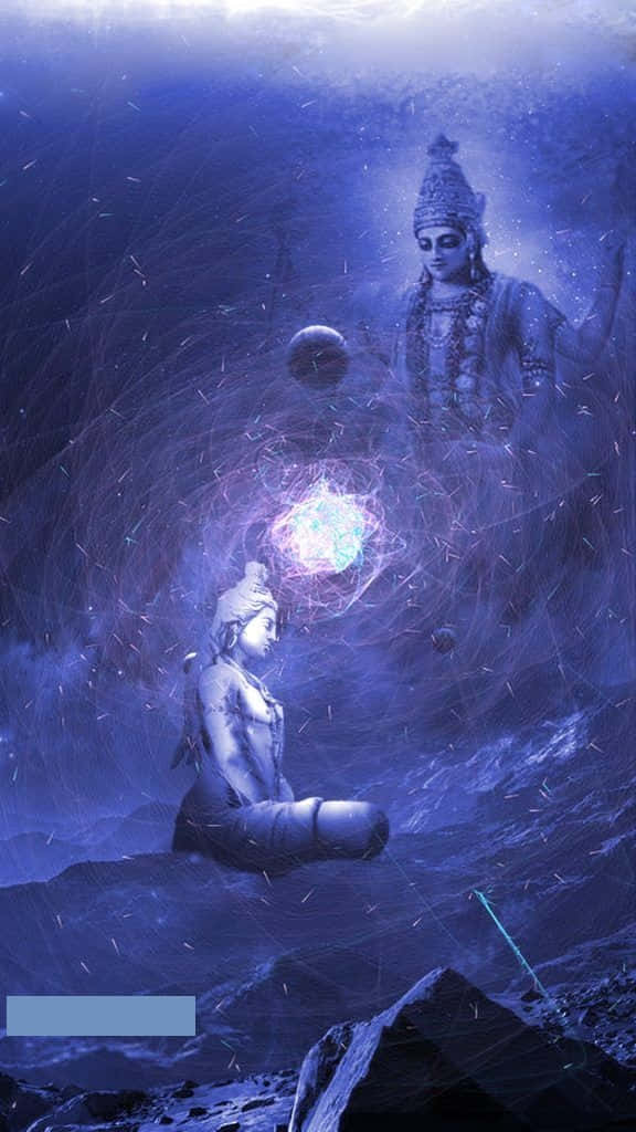 Statue Aesthetic 桌布 壁紙 — 兩個藍色調的神聖人物坐在神秘水下領域的宇宙能量和漂浮粒子之中。