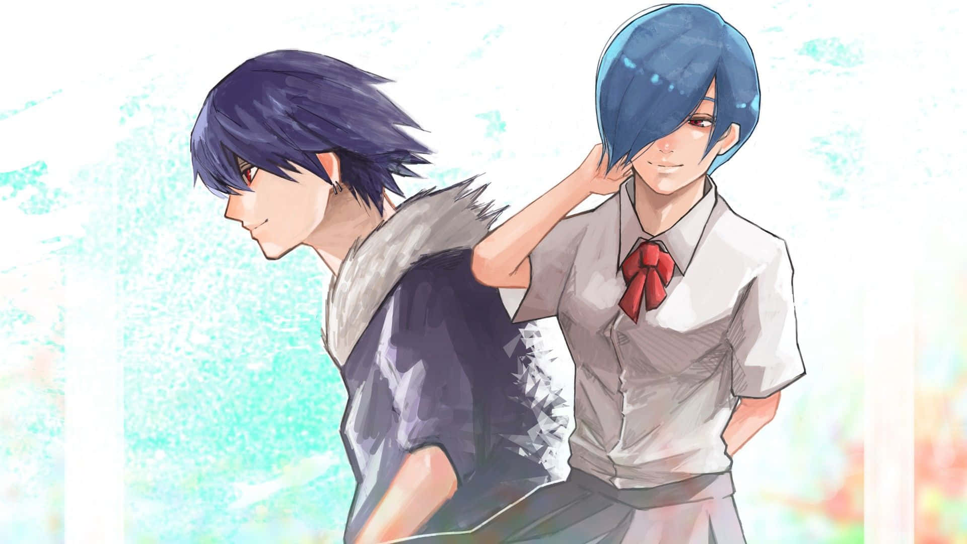 Ayato Kirishima 桌布 壁紙 — 兩個藍色頭髮的動漫男孩背對背站立，一個穿著校服，另一個穿著連帽衫，背景是柔和粉彩。