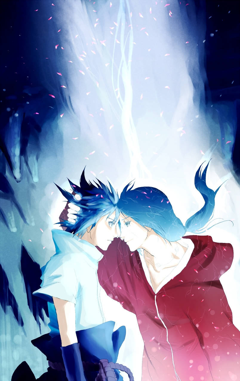 Uchiha 桌布 壁紙 — 兩個藍色頭髮的動漫角色在發光的瀑布下擁抱，周圍漂浮著粉紅色的花瓣。