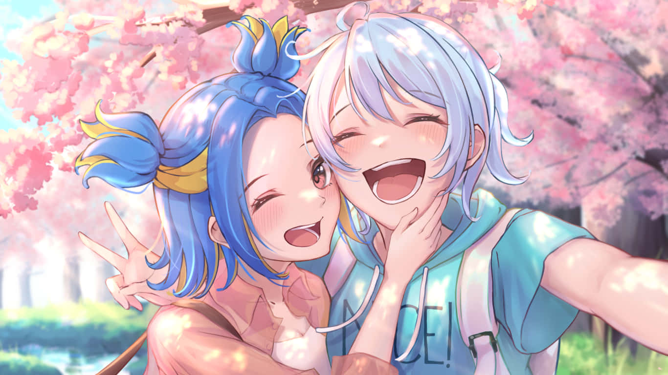1366x768 Valorant 桌布 壁紙 — 兩個藍色頭髮的快樂動漫女孩在明亮的春天場景中，在粉紅色櫻花樹冠下大笑。