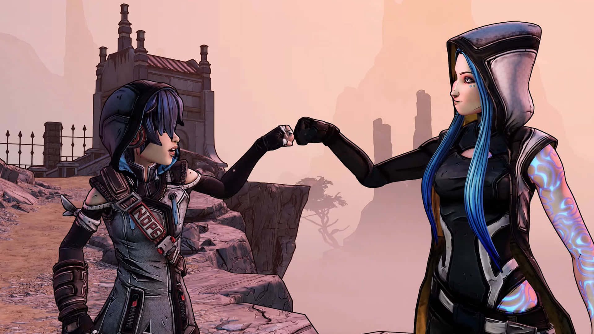 HD Borderlands 3 桌布 壁紙 — 兩個藍色頭髮的裝甲角色在溫暖的日落光線下於沙漠廢墟中碰拳。