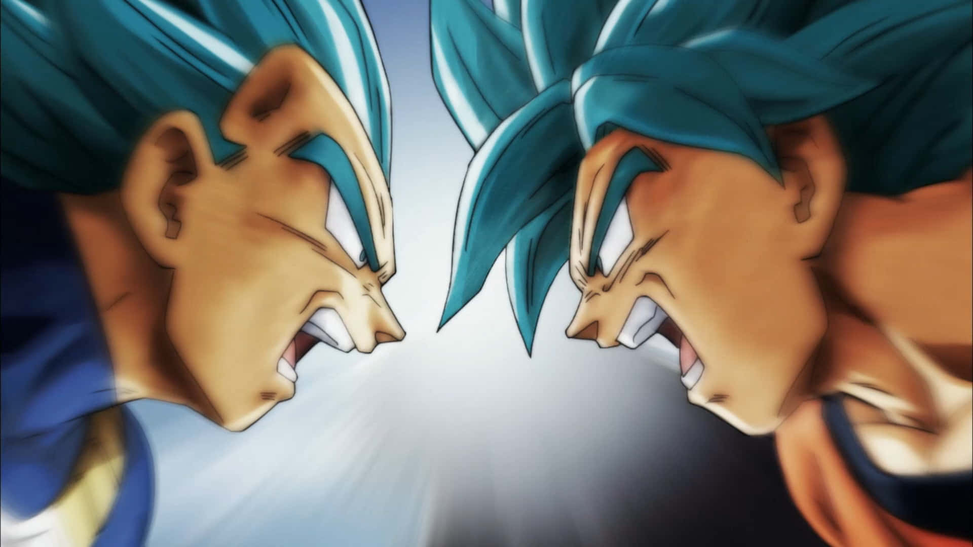 Vegeta 桌布 壁紙 — 兩個藍髮動漫戰士在激烈的戰鬥中對峙，眼睛發光，牙齒緊咬。
