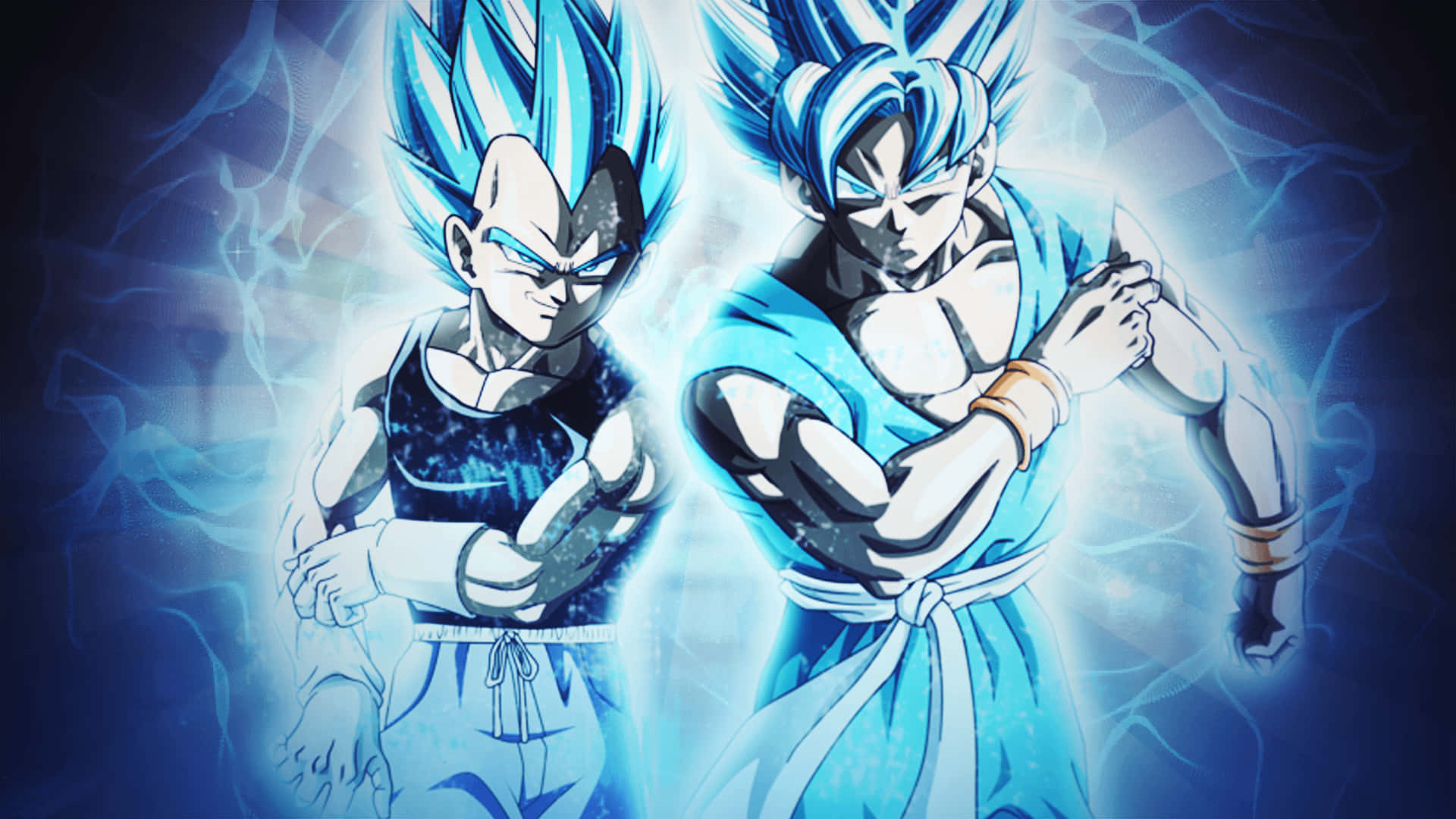 Goku And Vegeta 桌布 壁紙 — 兩個藍髮動漫戰士在黑暗旋轉的背景中閃耀著電能。