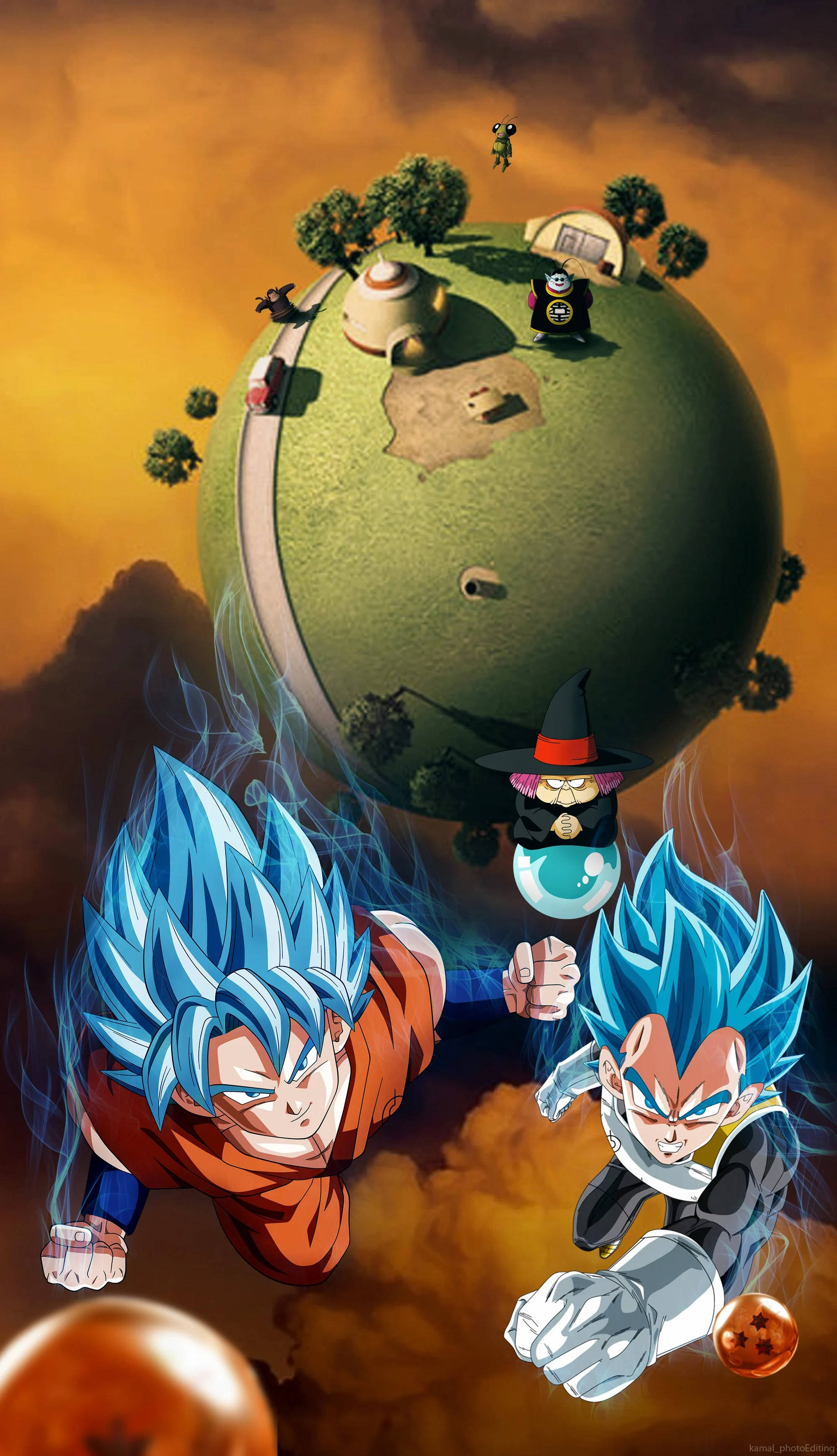ball 桌布 壁紙 — 兩個藍髮賽亞人戰士在一個有女巫和小型建築物的浮動綠色星球上方的火熱天空中飛向對方。