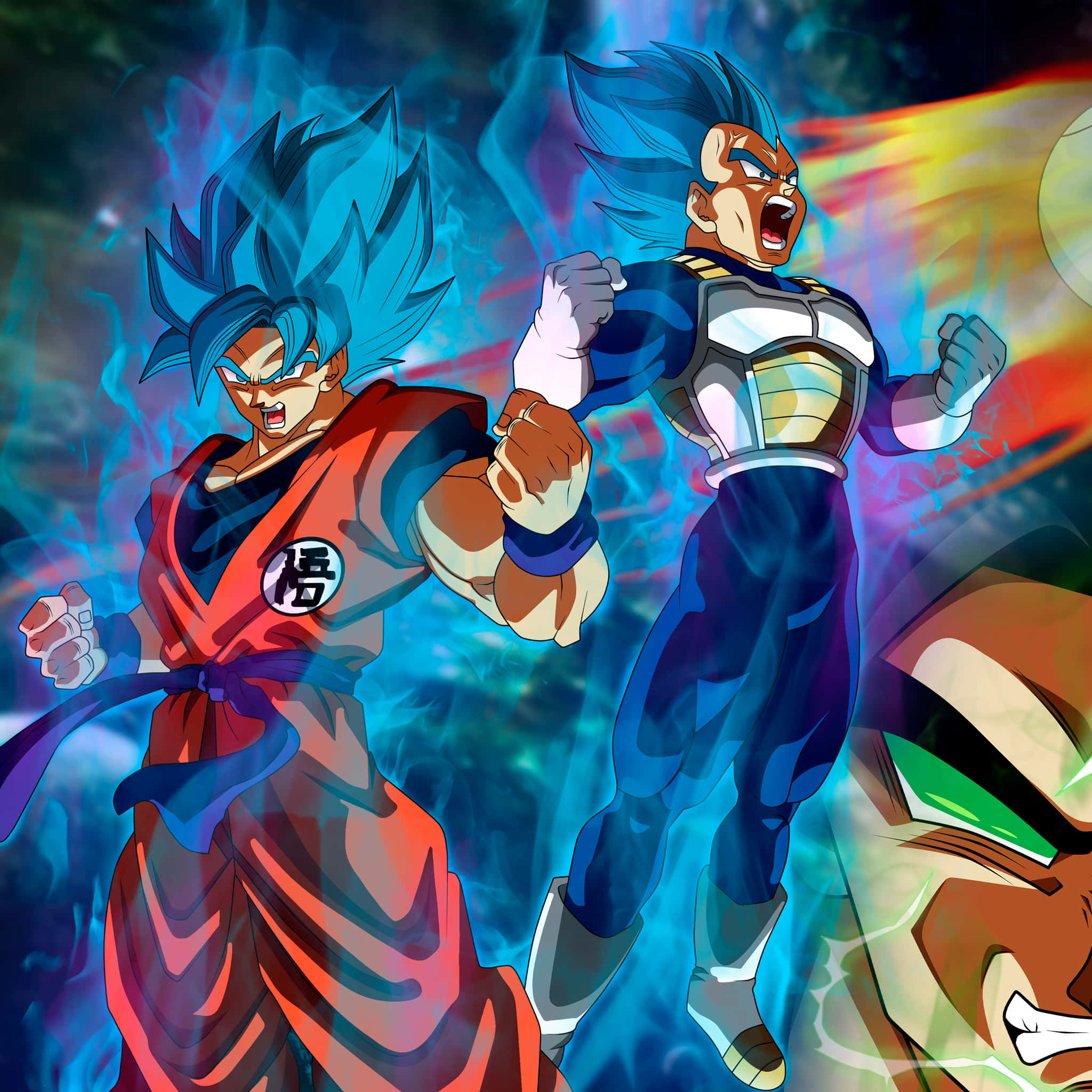 Cool Vegeta 桌布 壁紙 — 兩個藍髮賽亞人戰士在宇宙戰鬥場景中，背後能量爆炸爆發，咆哮著力量。