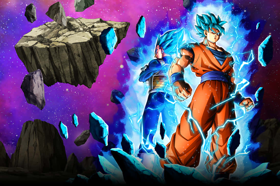 Goku And Vegeta 桌布 壁紙 — 兩個藍髮賽亞人戰士在浮石中釋放電力，背景是宇宙紫色星空。