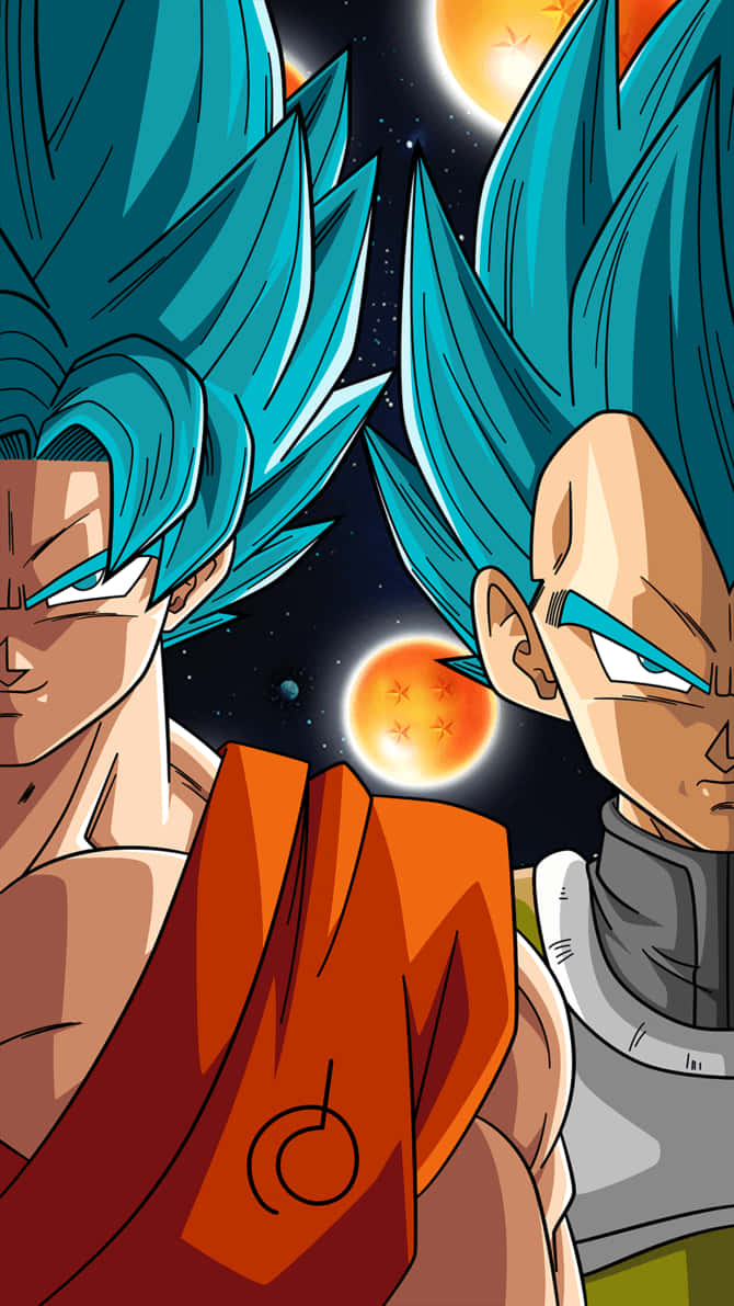 Dragon Ball Z Phone 桌布 壁紙 — 兩個藍髮超級賽亞人神在太空對峙，背後有發光球體和星星。