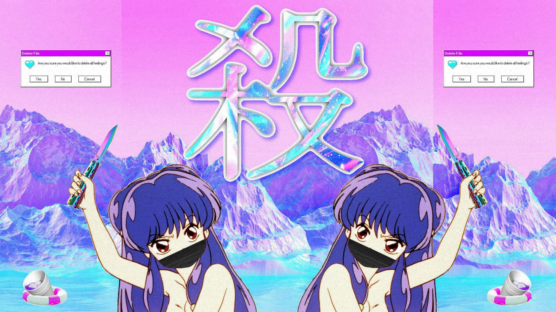 美學藝術 桌布 壁紙 — 兩個藍髮黑面具的動漫女孩，在超現實的粉紅山景背景下手持刀具，背景有發光的日文字。
