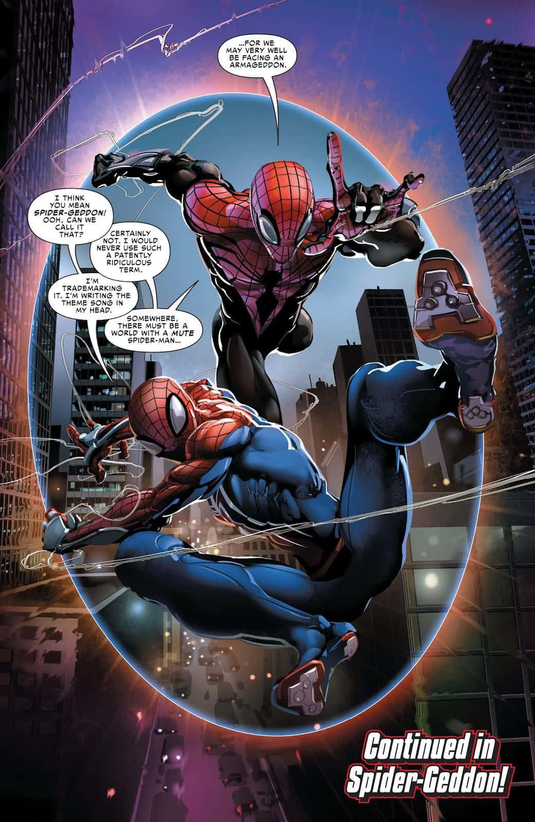 Spider-geddon 桌布 壁紙 — 兩個蜘蛛人在一個動態的漫畫面板中，穿過城市景觀上方的一個發光球體盪來盪去。