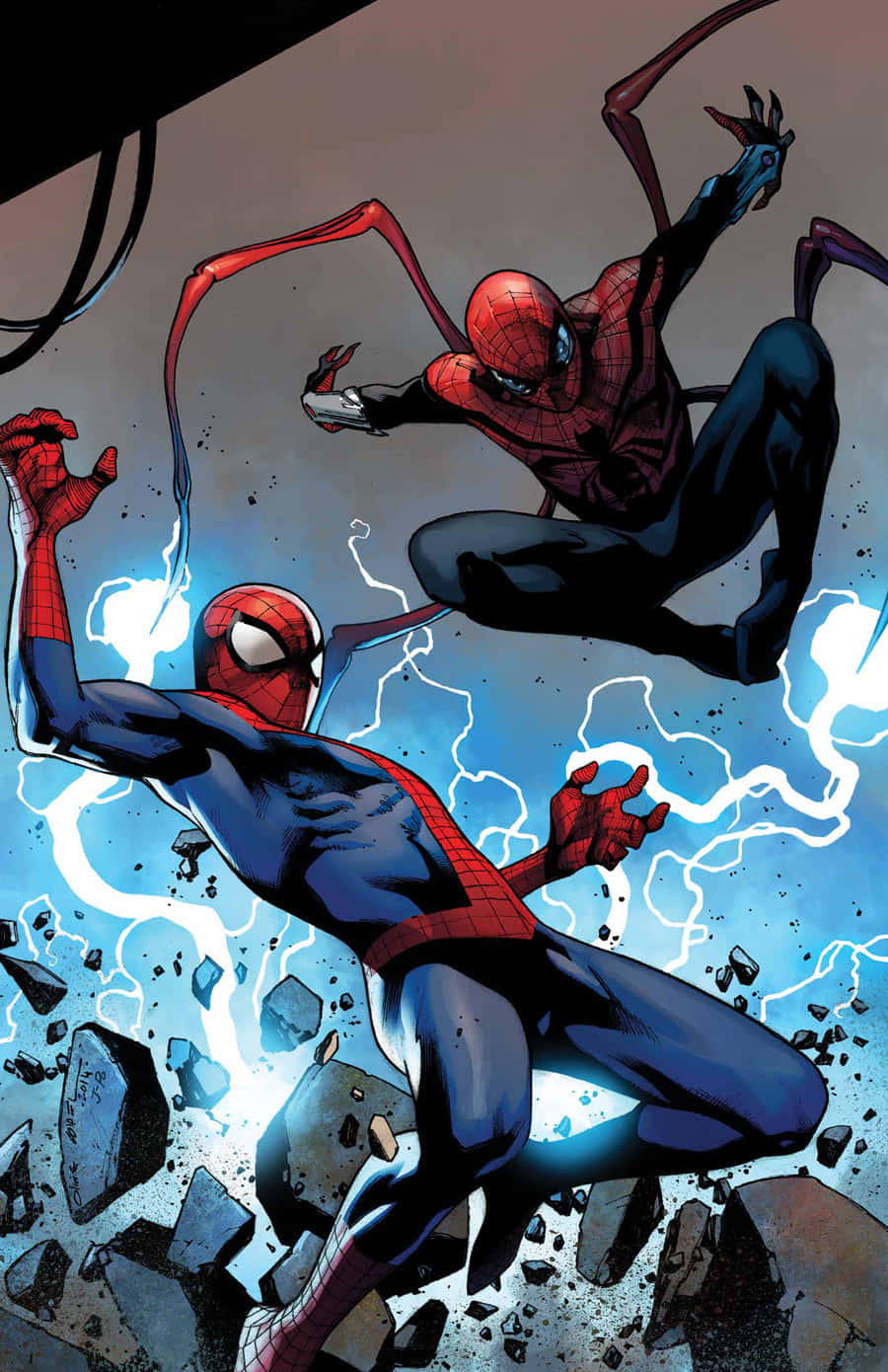 Superior Spider-man 桌布 壁紙 — 兩個蜘蛛人在半空中碰撞，伴隨著電火花和飛揚的碎片，構成一個動態的漫畫面板。