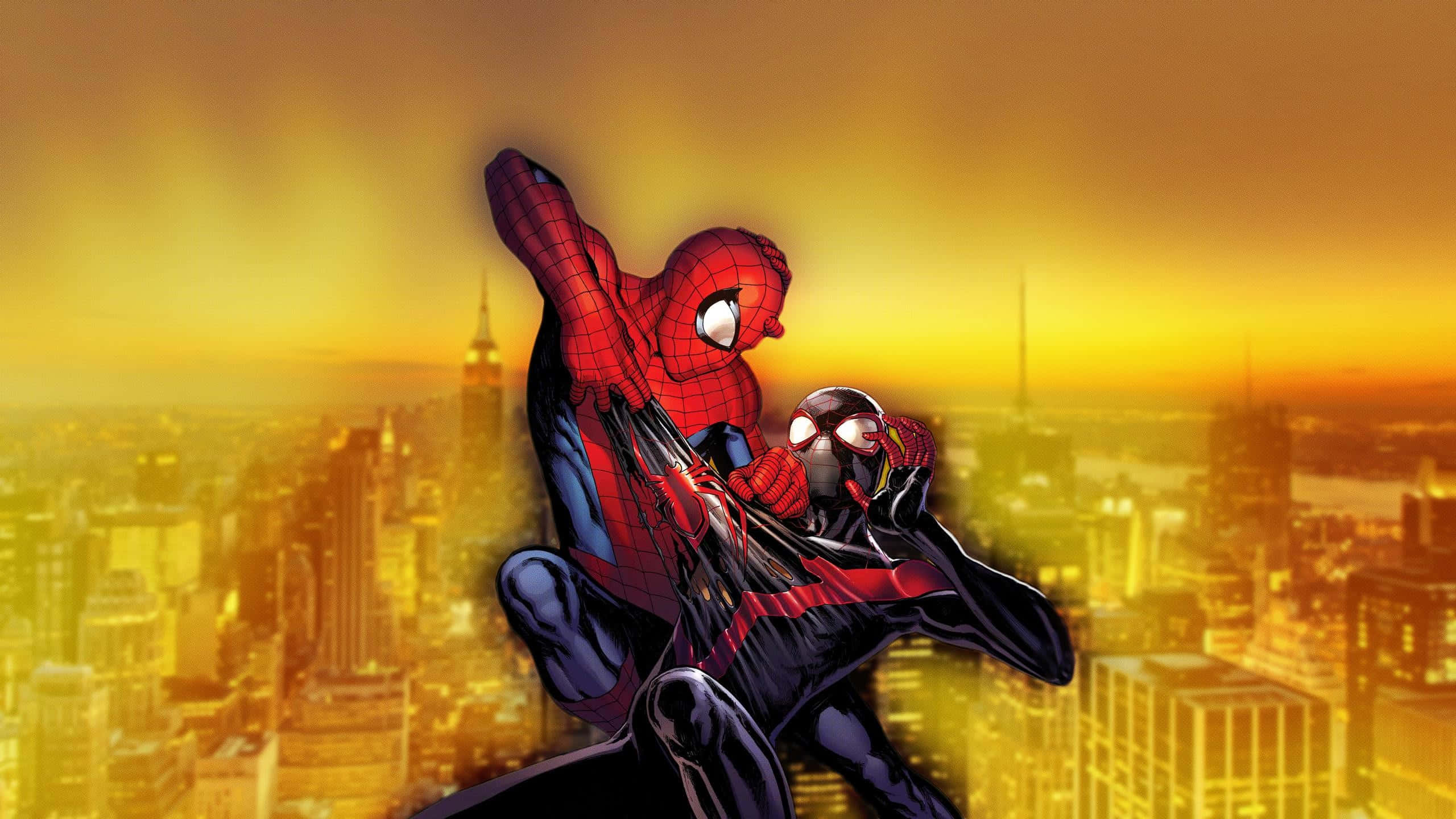 Ultimate Spider-man 桌布 壁紙 — 兩個蜘蛛人在日落時分，以金色城市天際線為背景，動態地碰撞在一起。