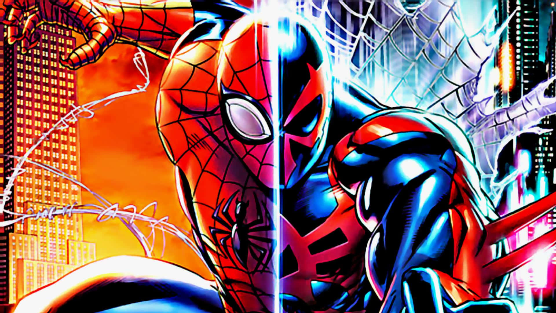 Spider Man 2099 桌布 壁紙 — 兩個蜘蛛人英雄垂直分割——一個身穿經典紅藍色，另一個身穿深藍和紅色——以充滿活力的城市景觀為背景。