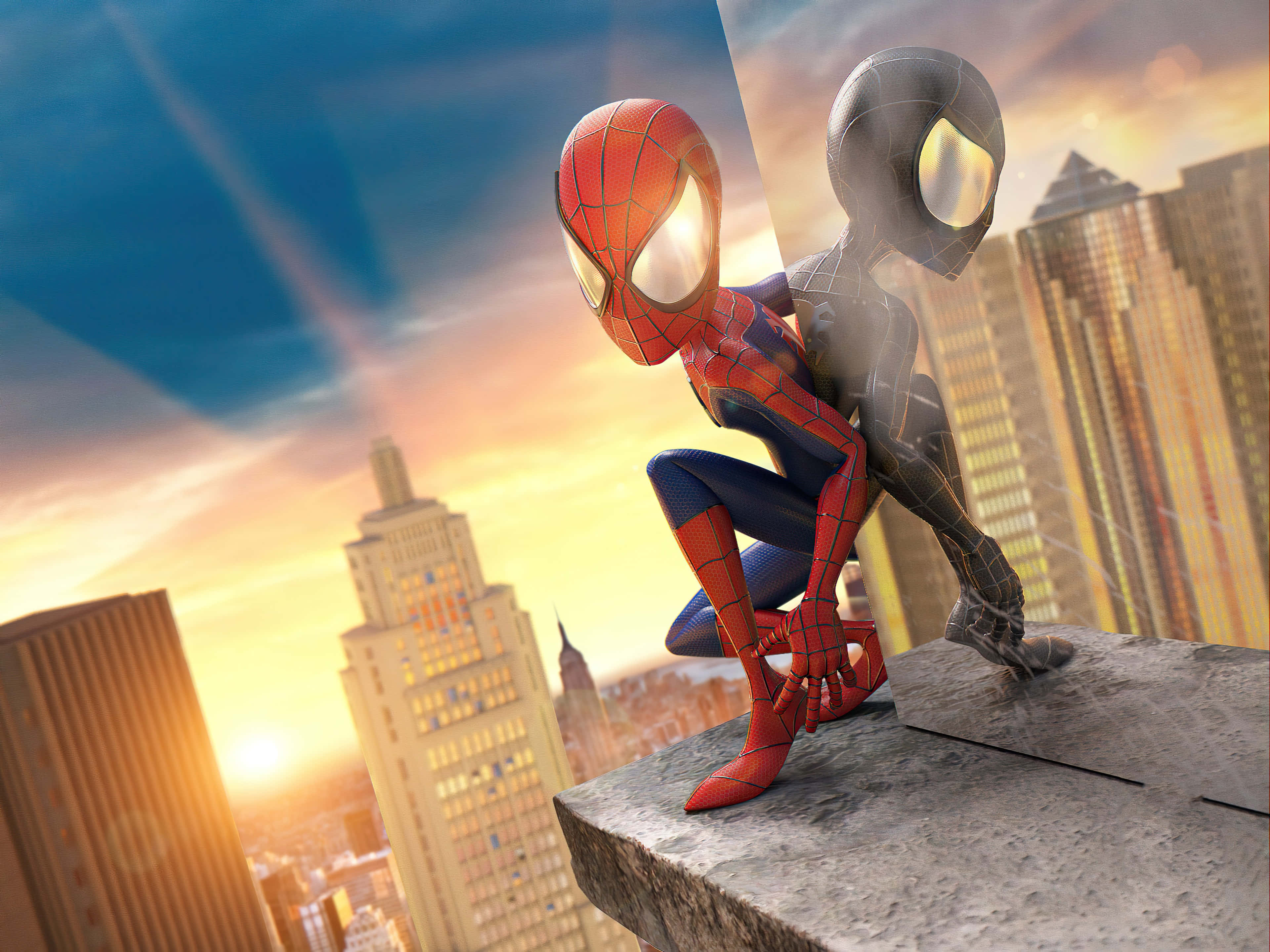 Spider Man 3 桌布 壁紙 — 兩個蜘蛛人角色蹲在屋頂上，背景是充滿活力的日落城市景觀，摩天大樓閃閃發光。
