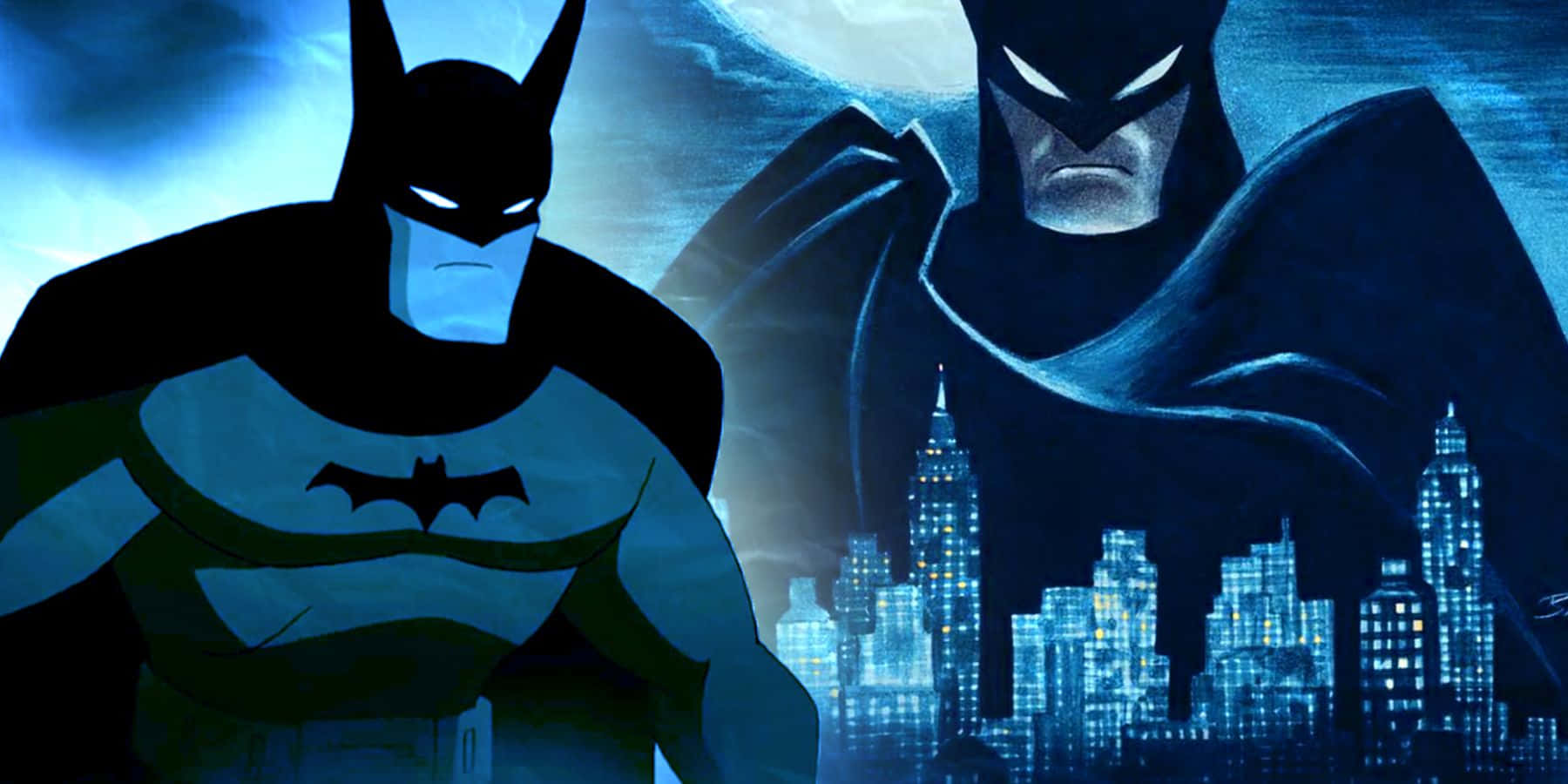 The Caped Crusader 桌布 壁紙 — 兩個蝙蝠俠人偶站在發光的城市天際線前，背景是暴風雨的藍天。