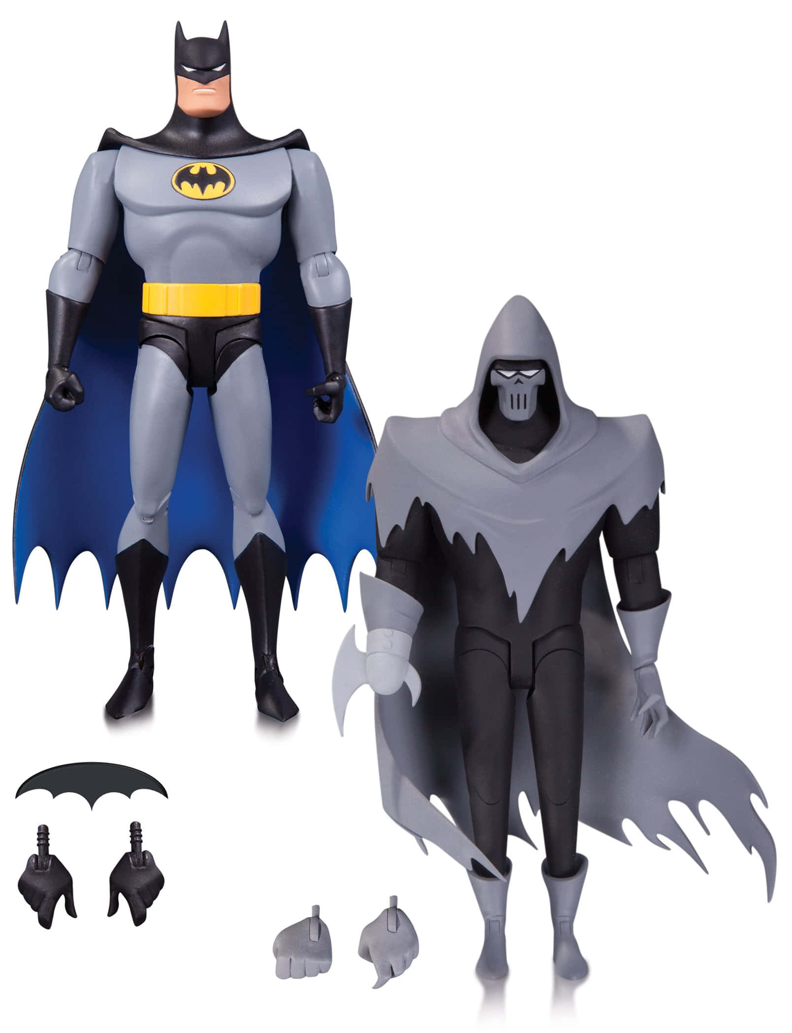 Batman Mask Of The Phantasm 桌布 壁紙 — 兩個蝙蝠俠動作人偶，一個穿著經典灰色西裝配藍色斗篷，另一個穿著灰色連帽服裝配骷髏面具，背景為白色。