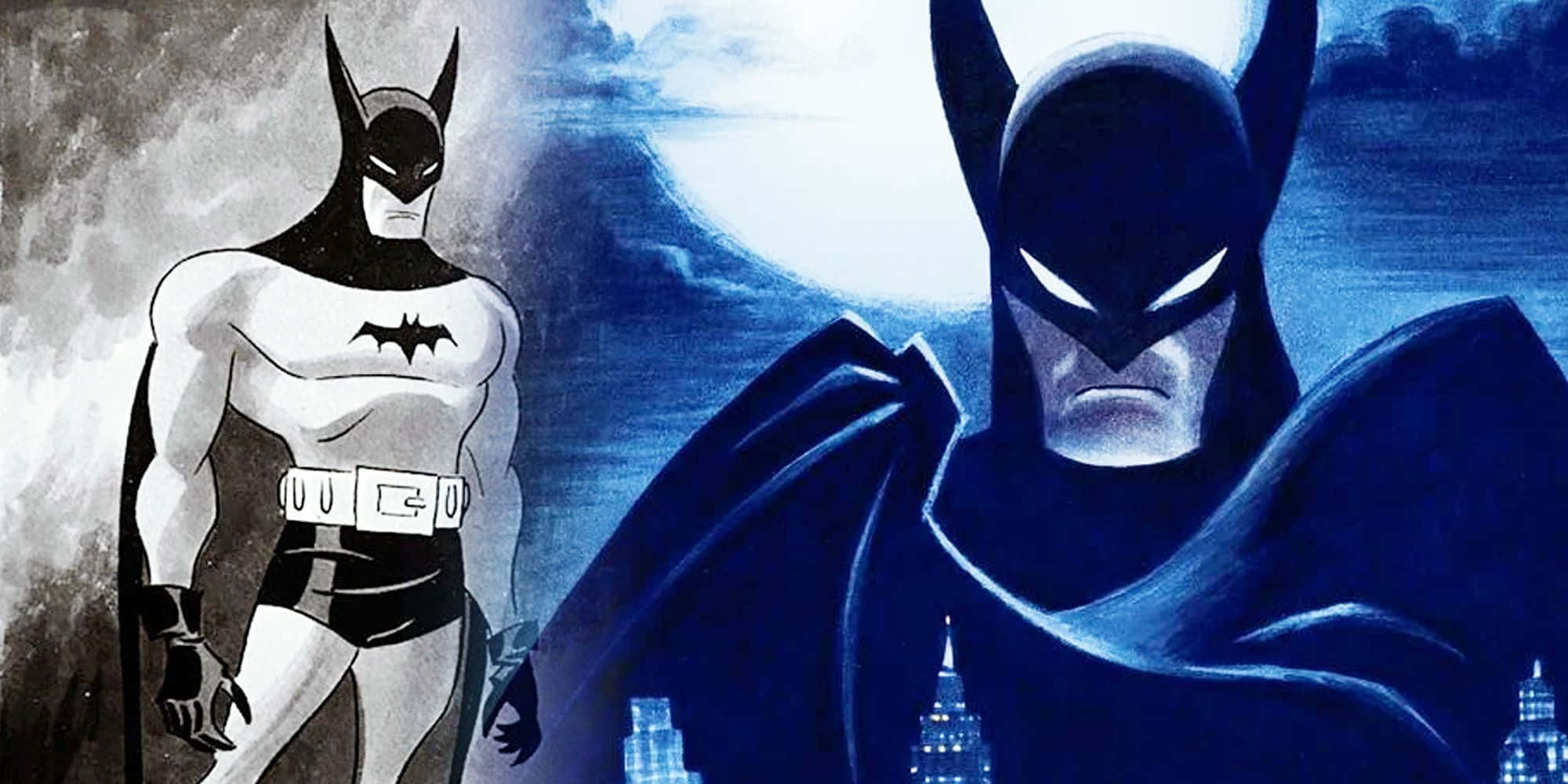The Caped Crusader 桌布 壁紙 — 兩個蝙蝠俠版本並排站在滿月下，一個穿著經典白色西裝，另一個穿著深藍色斗篷，背景是城市天際線。