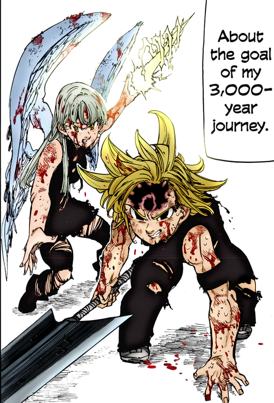 Meliodas 桌布 壁紙 — 兩個血淋淋的動漫戰士身穿戰鬥裝備，在 gritty 漫畫面板中用劍和發光能量交鋒。