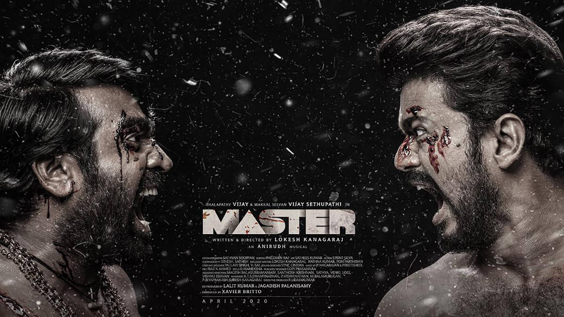 Master Vijay 桌布 壁紙 — 兩個血淋淋的男人在黑暗的雪景中互相咆哮，上面疊加了電影字幕。