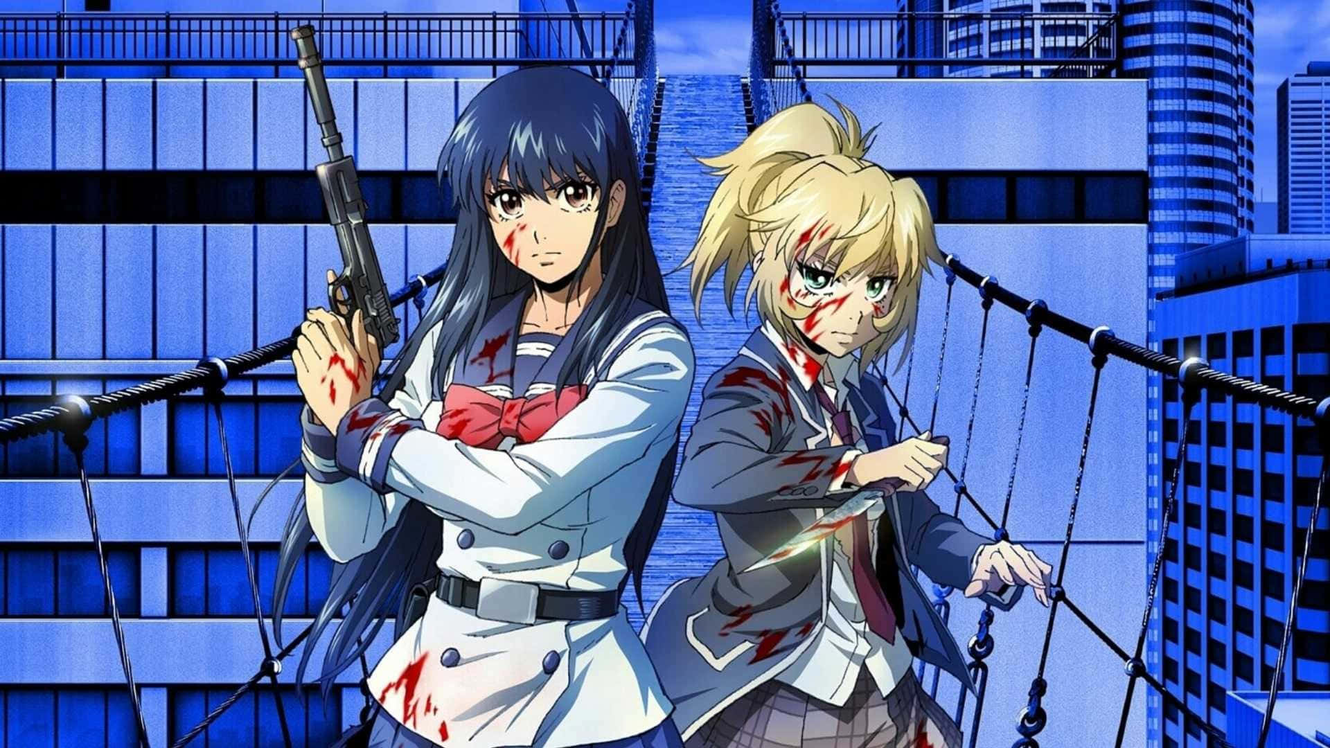 High Rise Invasion 桌布 壁紙 — 兩個血跡斑斑的動漫女學生穿著校服，站在橋欄杆上，背景是藍色城市景觀，手持武器。