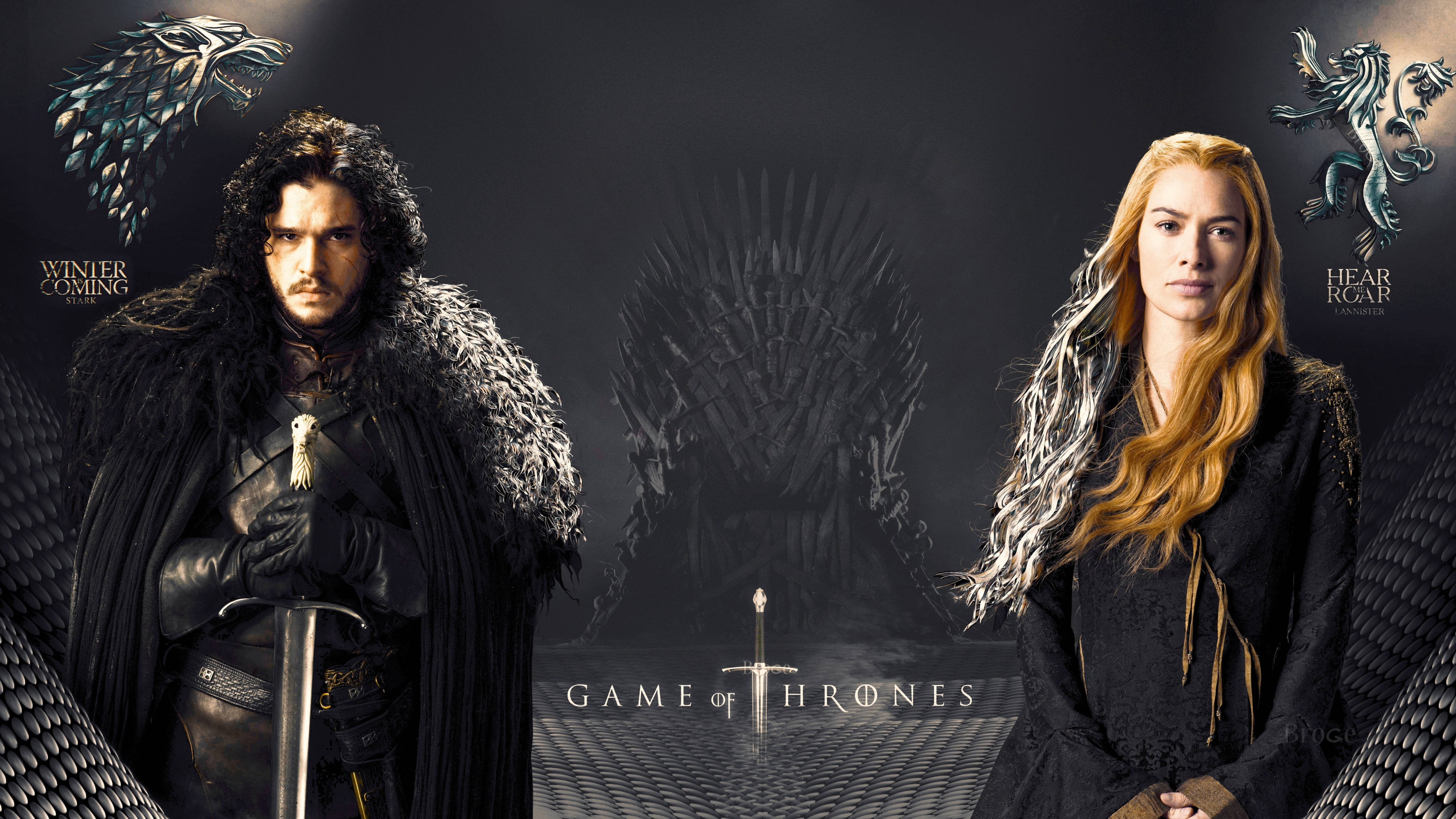 cersei lannister 桌布 壁紙 — 兩個表情嚴肅的角色站在鐵王座兩側，冰原狼和獅子的徽章在暗色調中發光。