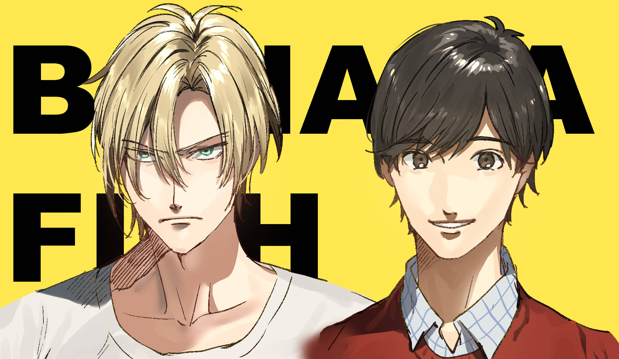 Banana Fish 桌布 壁紙 — 兩個表情對比的動漫角色站在大膽的黃色背景前，背景上有大型黑色文字。