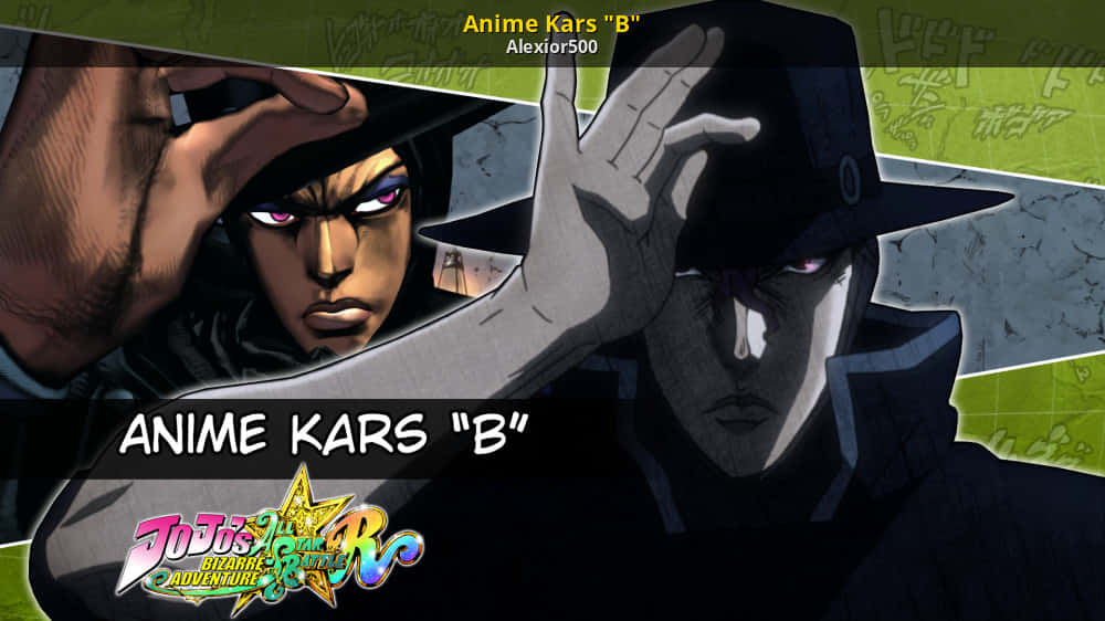 Jojo's Bizarre Adventure Kars 桌布 壁紙 — 兩個表情強烈、戴著黑色帽子的動漫角色，在綠色和灰色背景前戲劇性地擺姿勢。