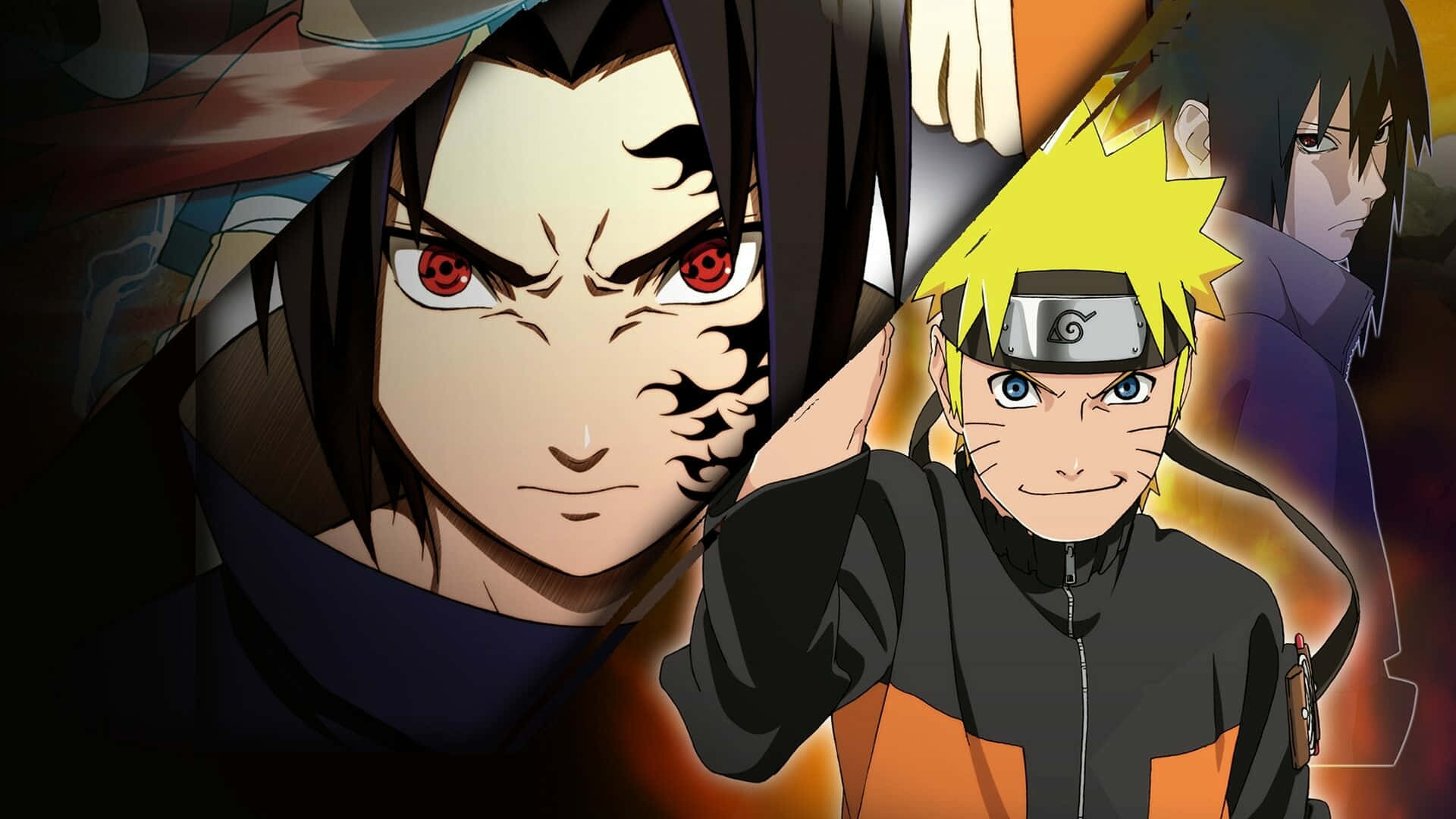 Sasuke 桌布 壁紙 — 兩個表情強烈、眼睛發紅光的動漫角色站在熾熱的橙色和黑暗背景前。