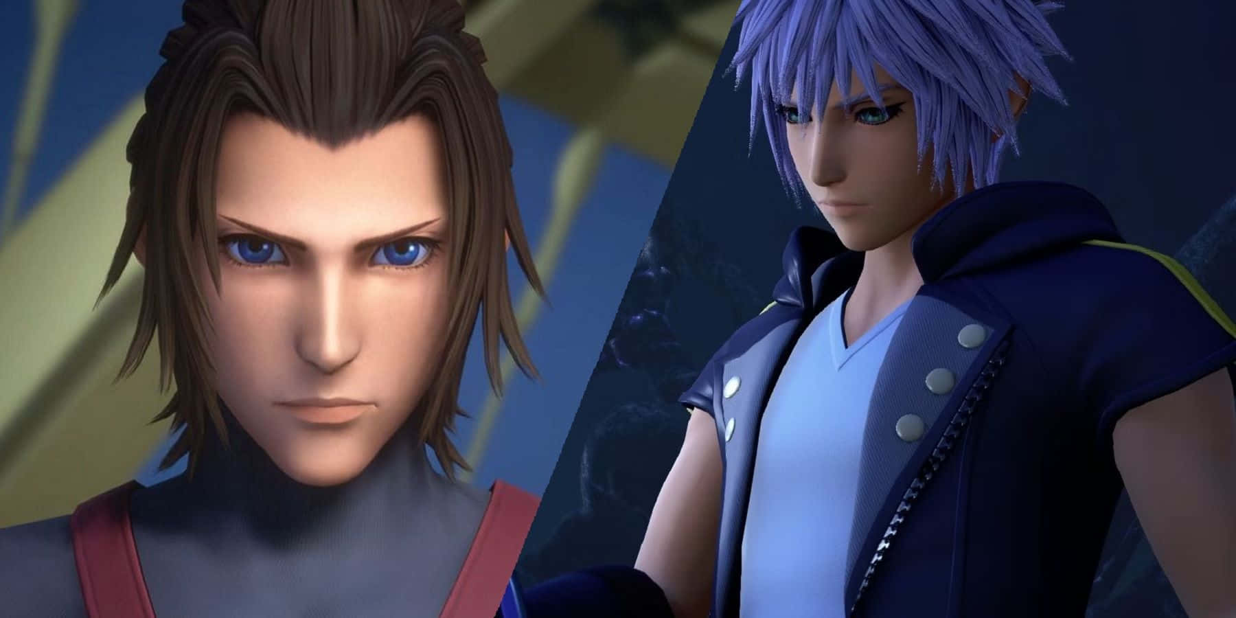 Kingdom Hearts Terra 桌布 壁紙 — 兩個表情強烈的動漫角色，一個有棕色頭髮和藍色眼睛，另一個有紫色頭髮和深色外套。