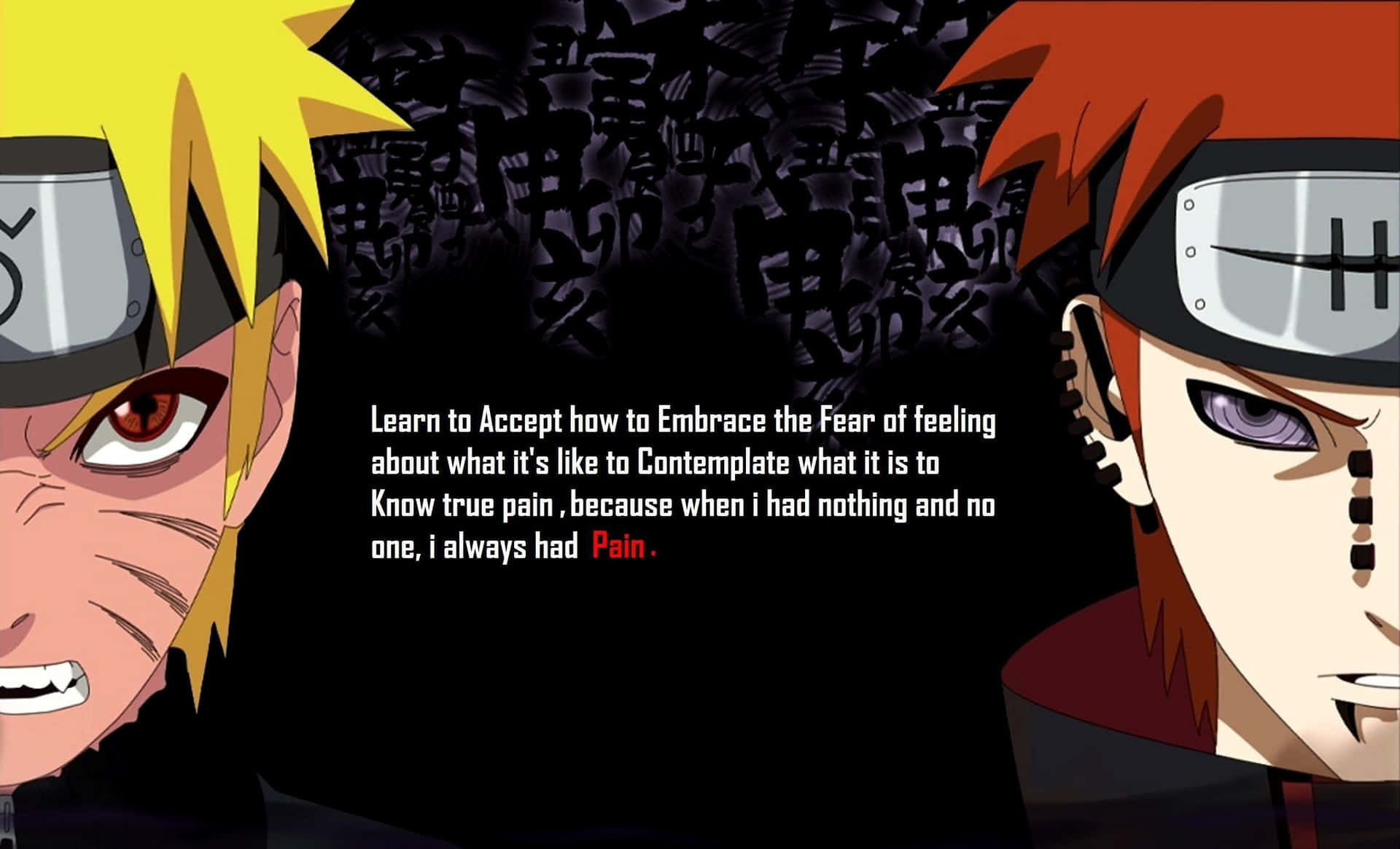 Akatsuki Quotes 桌布 壁紙 — 兩個表情強烈的動漫角色，在帶有日文字元的深色背景上，夾著一句勵志語錄。