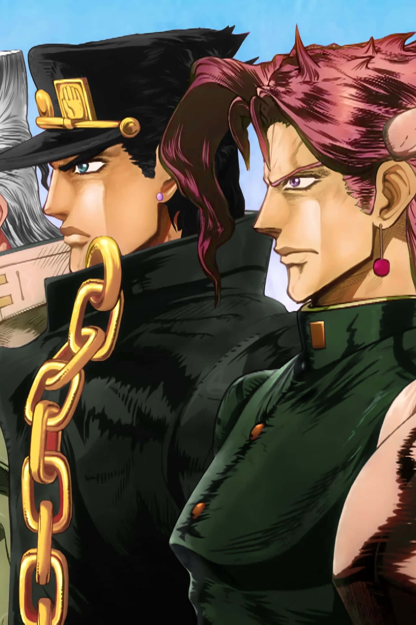 Jojo's 桌布 壁紙 — 兩個表情強烈的動漫角色並肩站在明亮的藍天下，一個戴著帶金鏈的黑色帽子，另一個有粉紅色頭髮和紅色耳環。