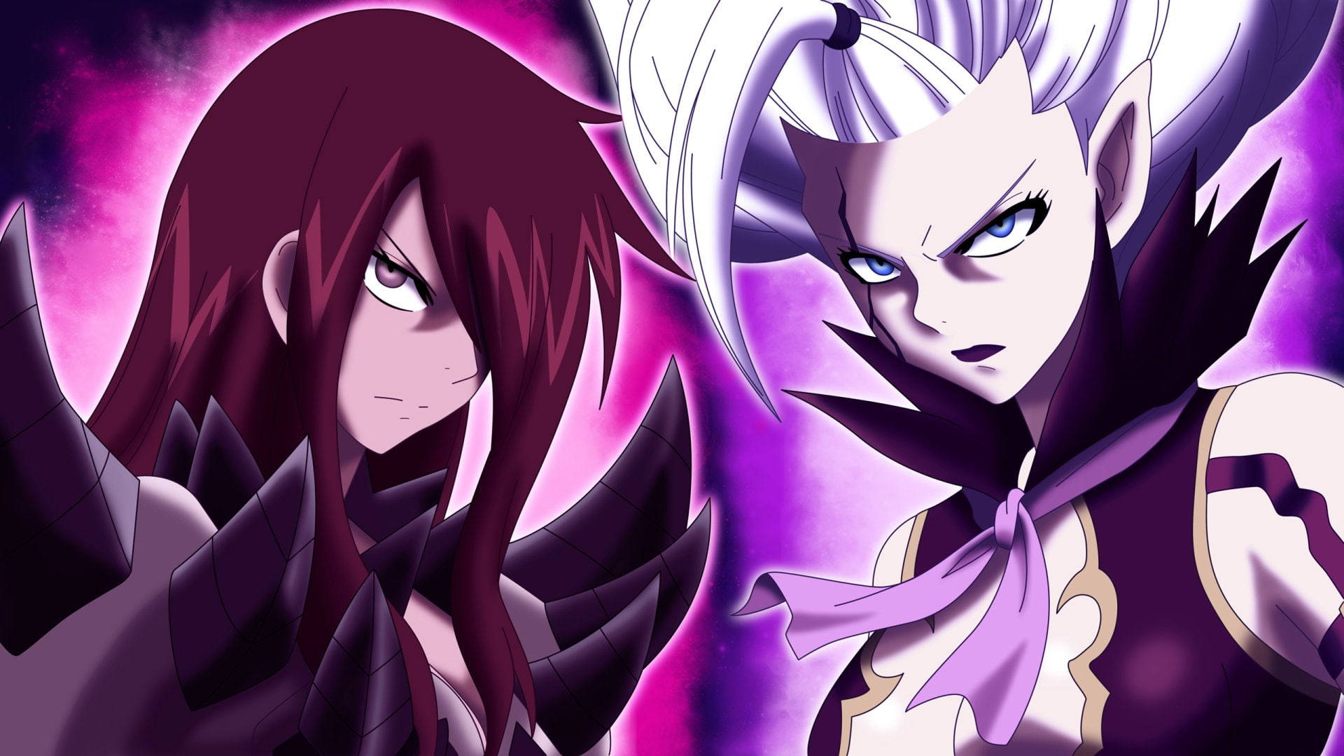 Fairy Tail Characters 桌布 壁紙 — 兩個表情強烈的動漫角色站在充滿活力的紫色宇宙背景前。