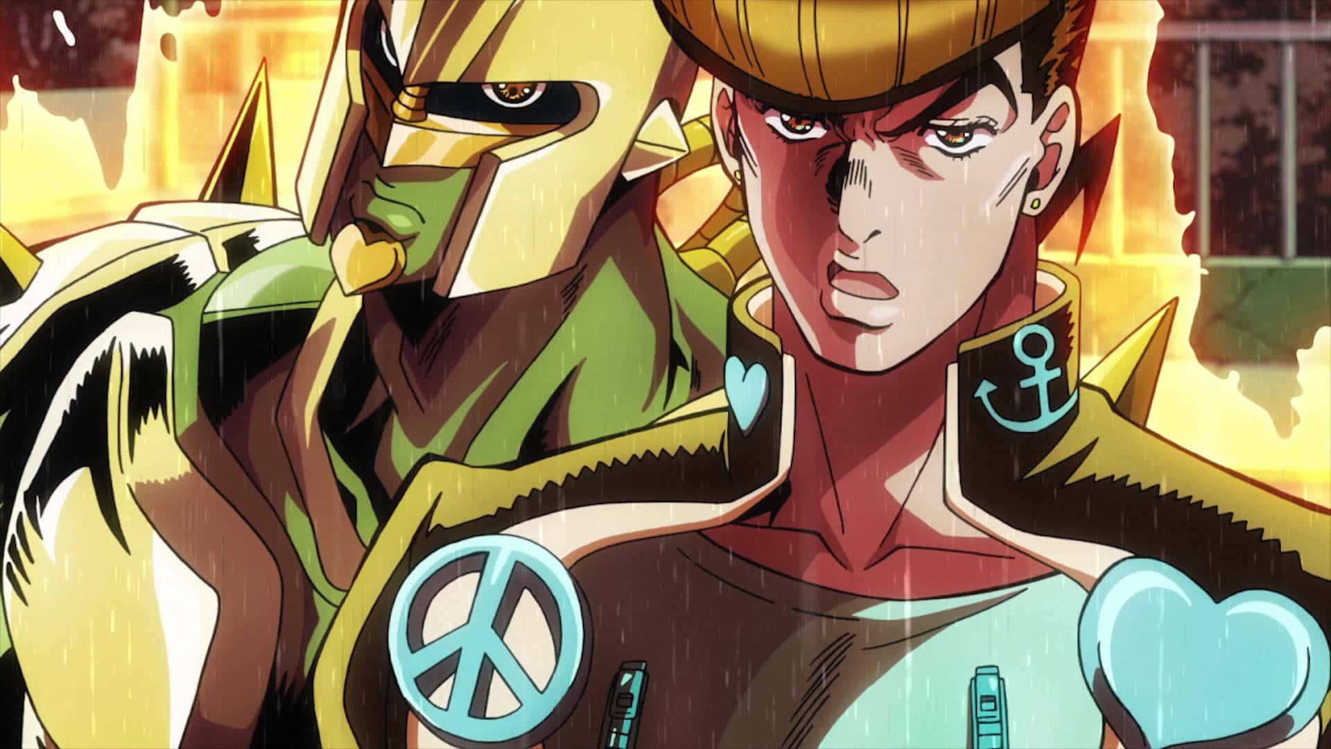 Diamond Is Unbreakable 桌布 壁紙 — 兩個表情強烈的動漫角色站在雨中，背景是熾熱的橙色光芒，其中一個戴著頭盔，另一個帶有和平手勢和心形標誌。