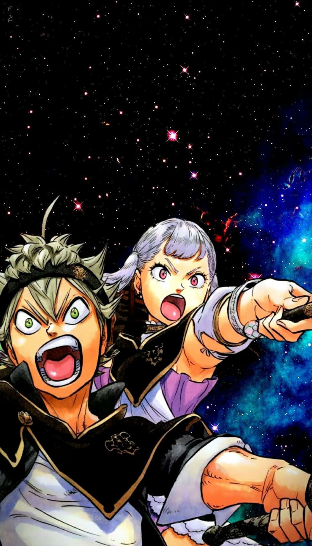 Black Clover Anime 桌布 壁紙 — 兩個表情激烈的動漫角色在充滿活力的星空宇宙背景下吶喊。