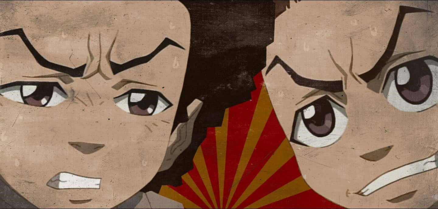 鄉村 桌布 壁紙 — 兩個表情激烈的動漫角色在紅黃色太陽爆發背景下互相怒視。