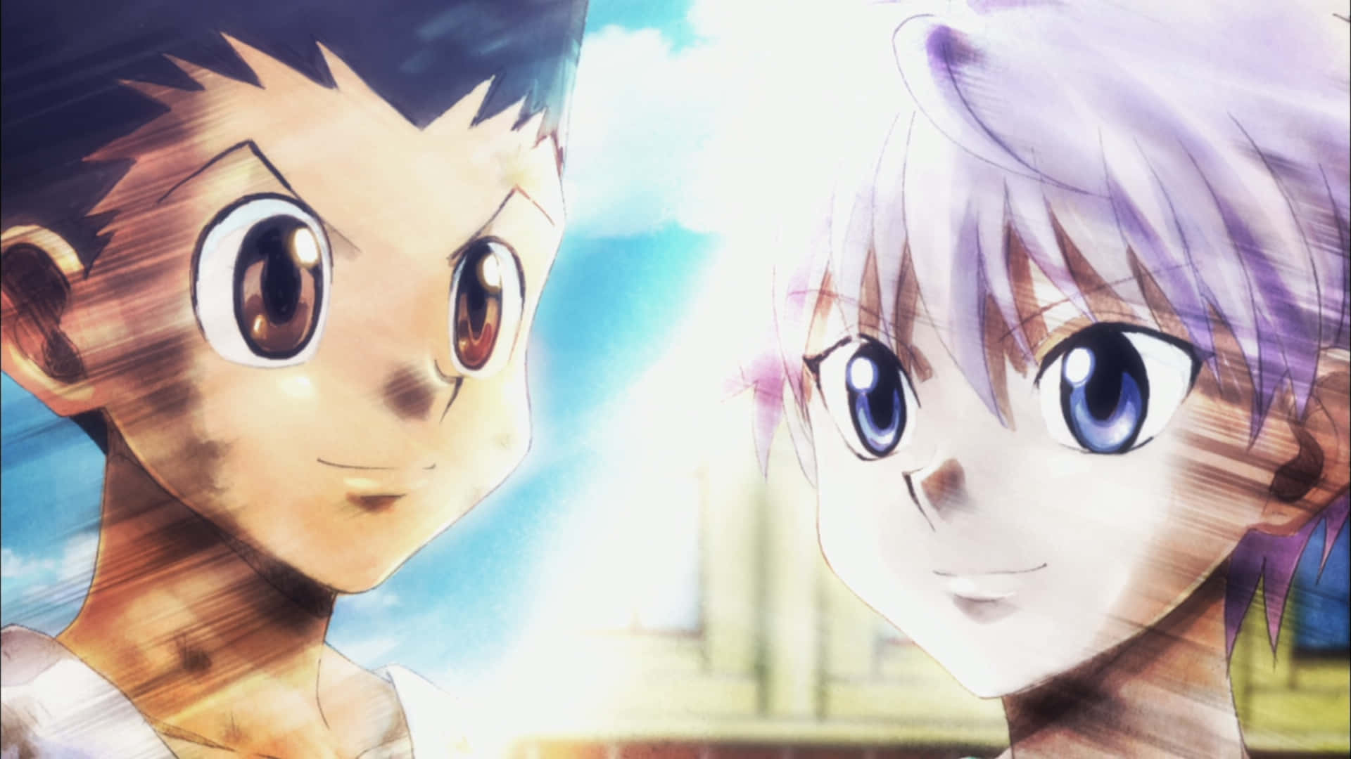 Gon And Killua 桌布 壁紙 — 兩個表情豐富的動漫角色在明亮的天空下互相凝視，帶有動態模糊效果。