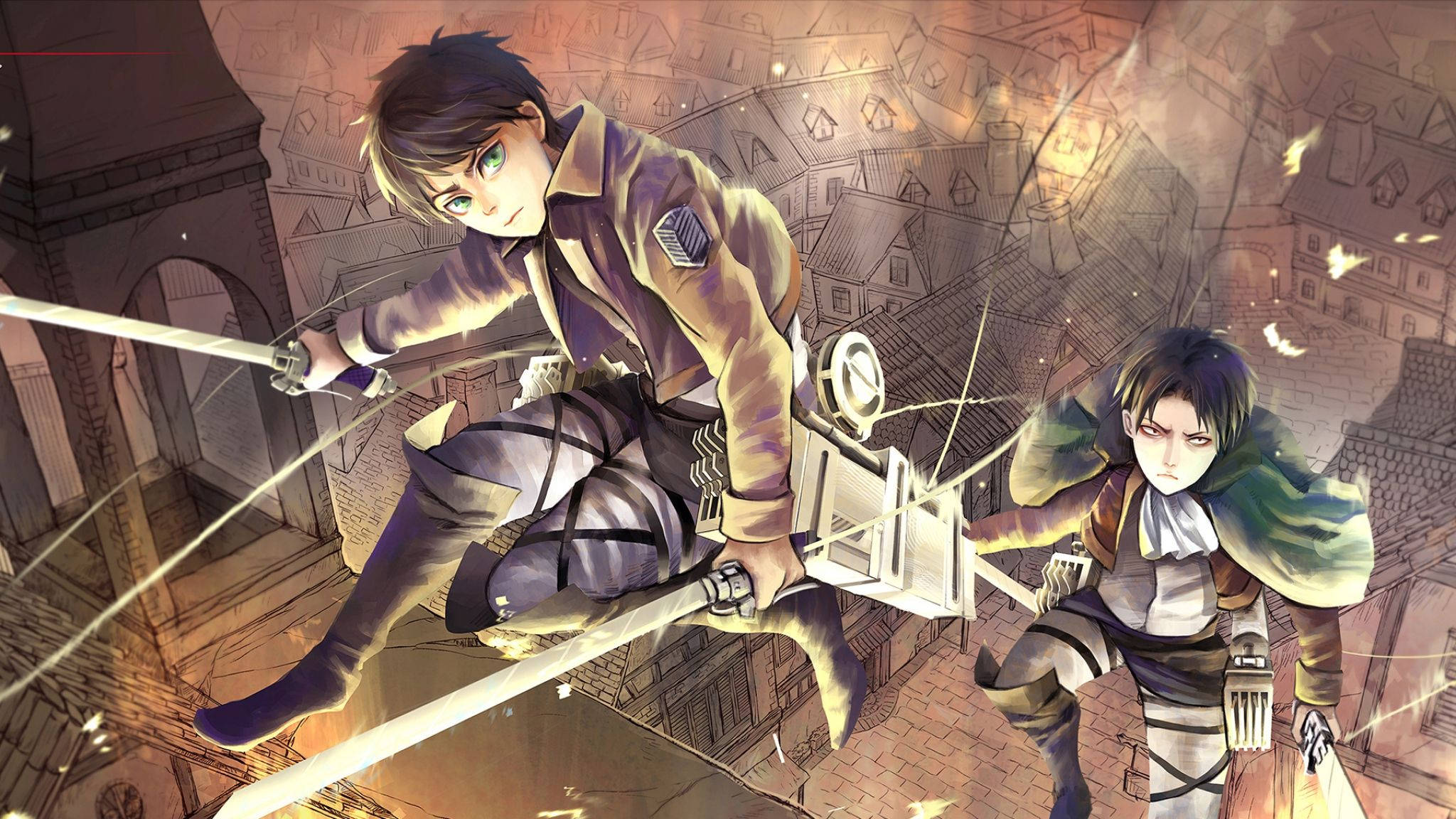 Attack On Titan Titan Eren 桌布 壁紙 — 兩個裝備齊全的動漫角色在墜落的碎片和溫暖的金色光芒中，拔劍穿過城市景觀盪來盪去。