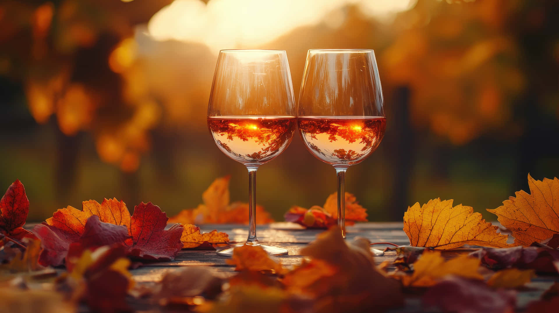 Two elegant wine glasses filled with rosé wine, reflecting warm autumn leaves and golden sunlight 壁紙 — 兩個裝滿玫瑰紅酒的酒杯放在木桌上，周圍是充滿活力的秋葉，在金色夕陽下。