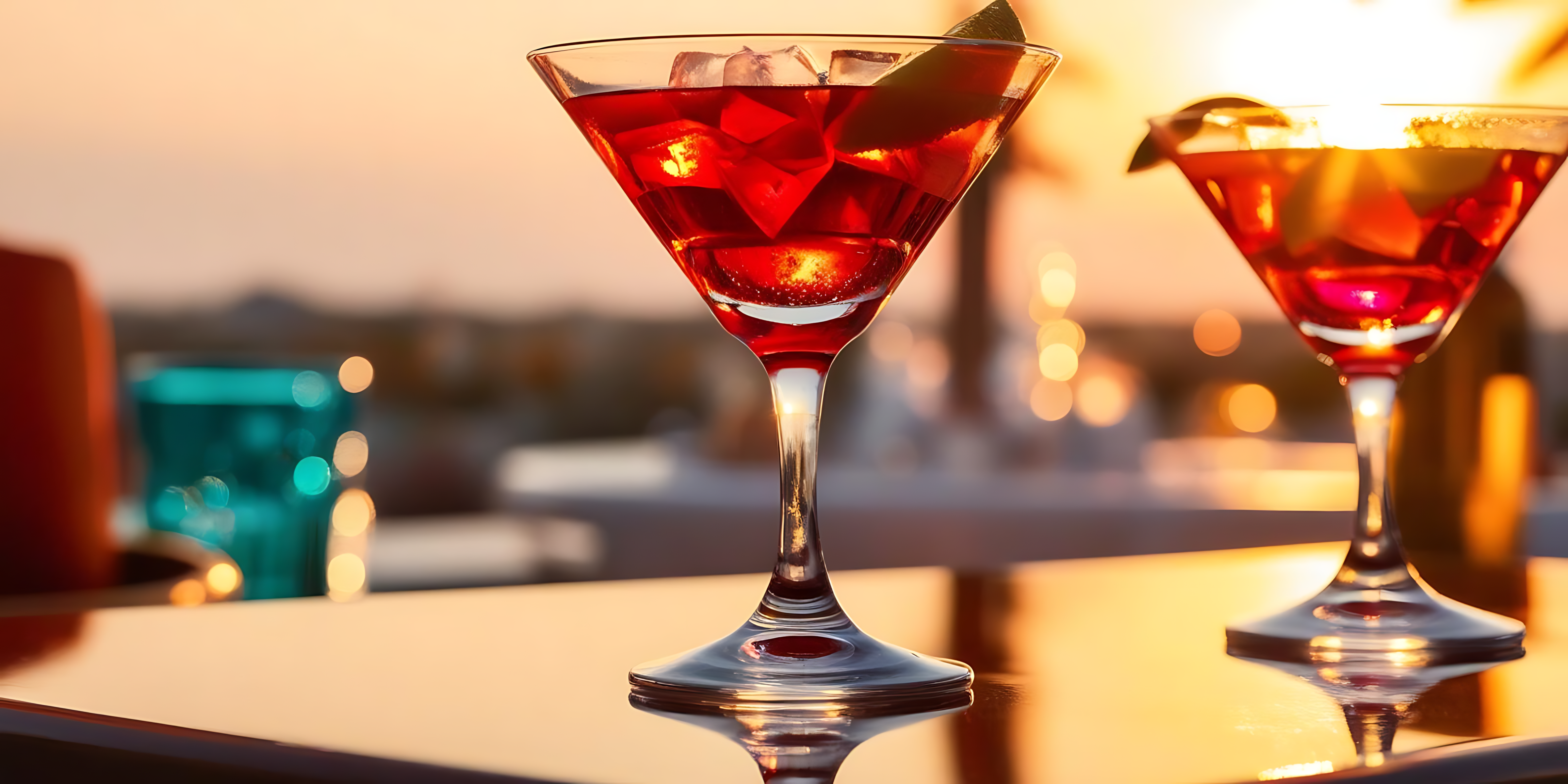 drinks 桌布 壁紙 — 兩個裝滿紅色雞尾酒和冰塊的馬丁尼酒杯放在反光表面上，金色夕陽在它們背後閃耀。
